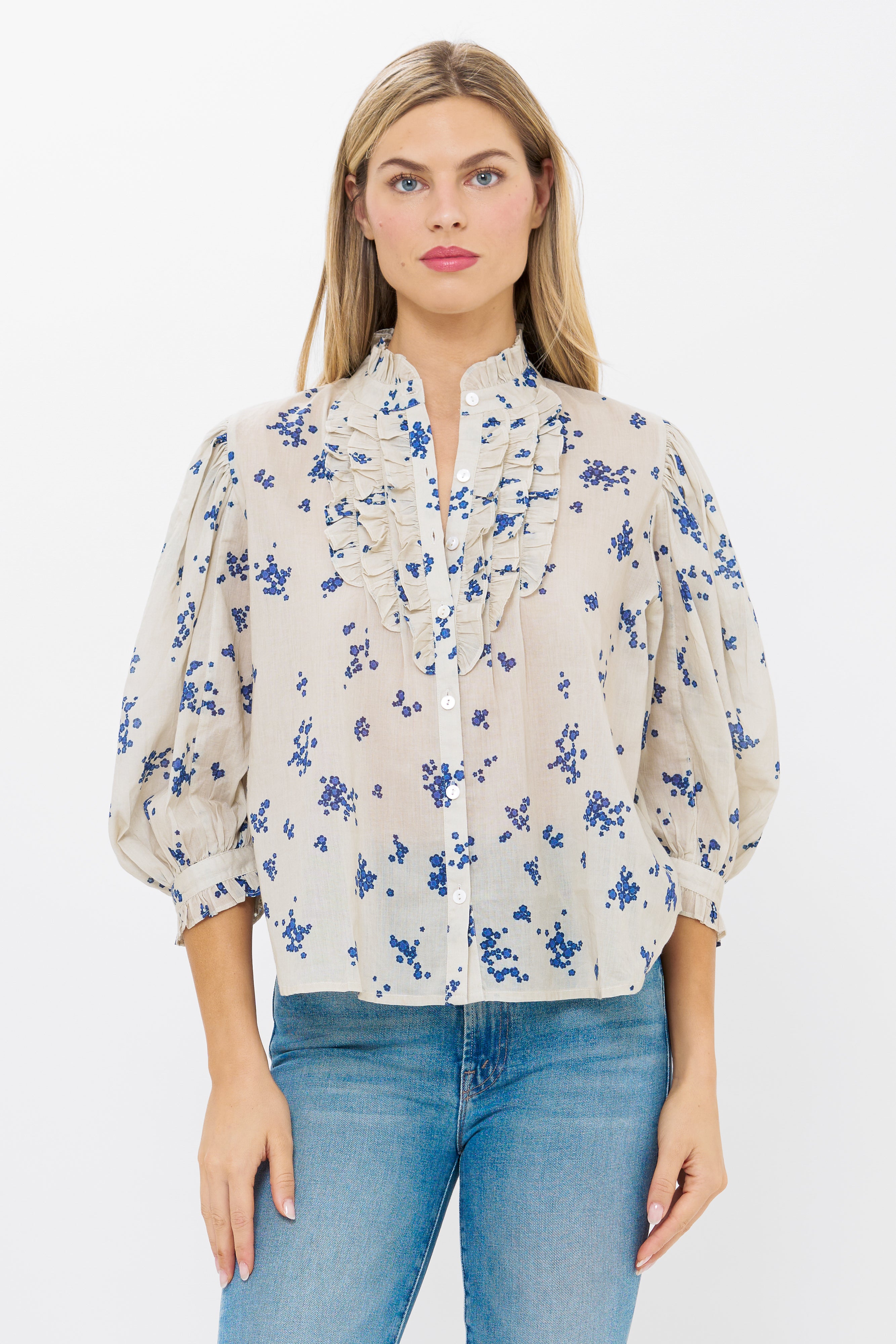 Ruffle Front Button Blouse- Alyssum Cream