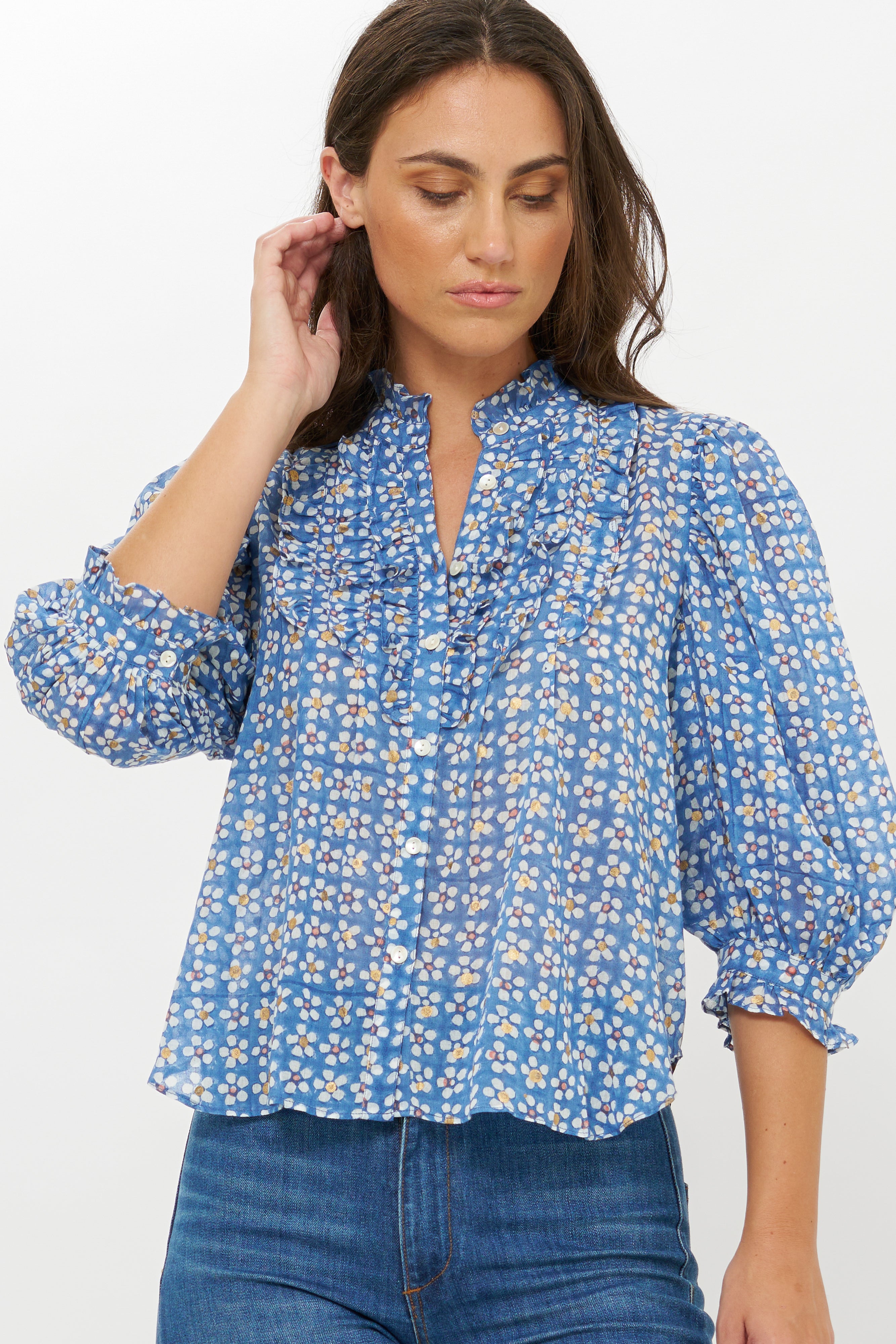 Ruffle Front Button Blouse- Aster Blue
