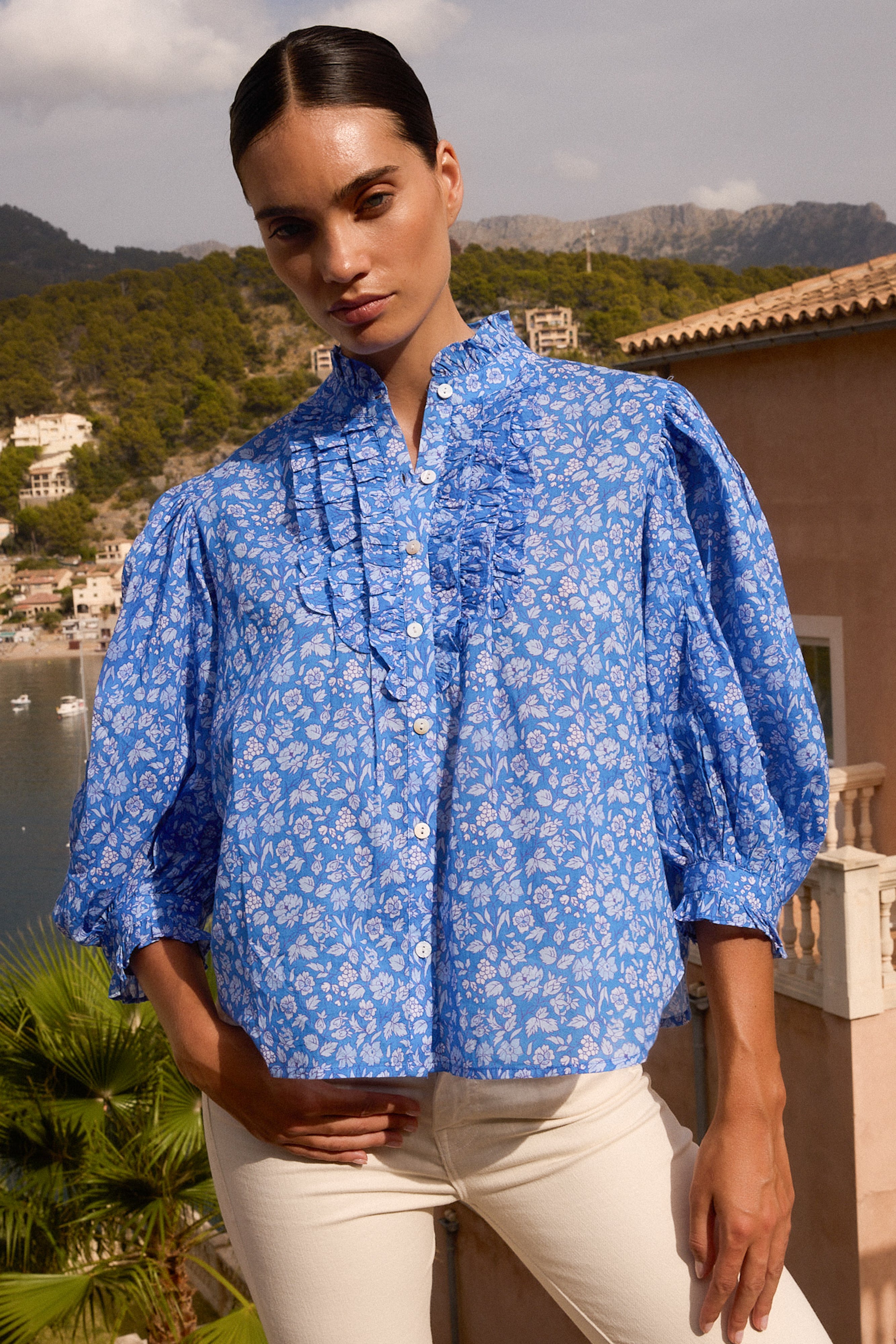 Ruffle Front Button Blouse- Ditsy Blue