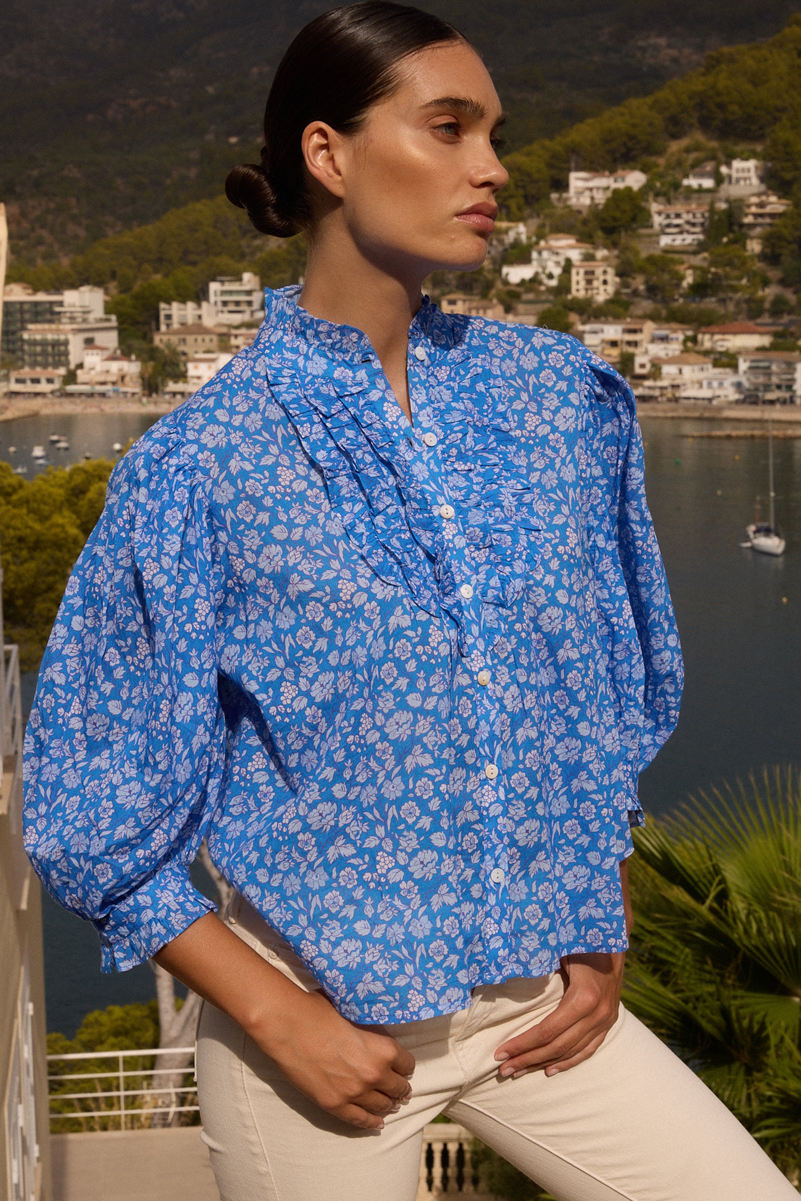 Ruffle Front Button Blouse- Ditsy Blue