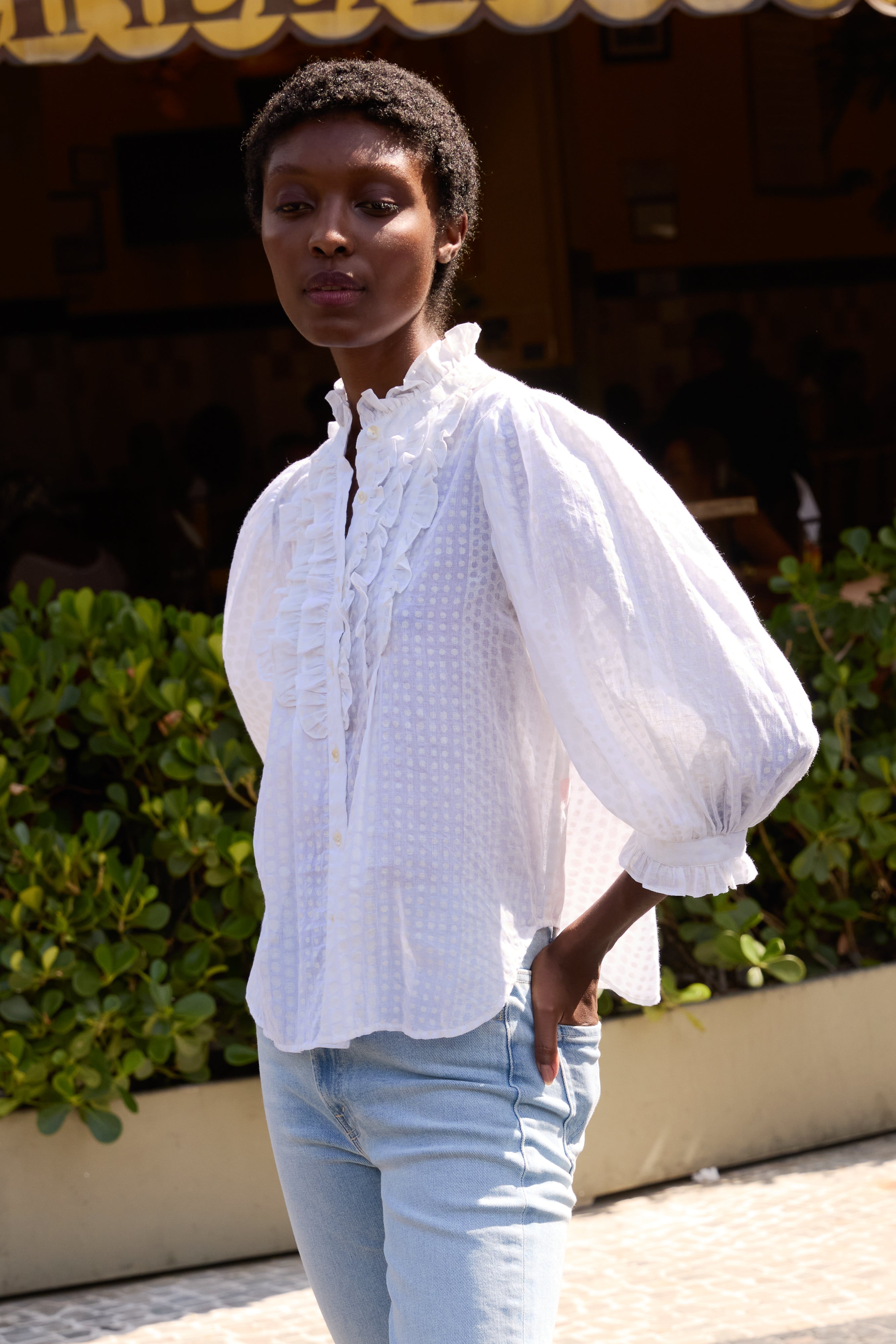 Ruffle Front Button Blouse- Domino White