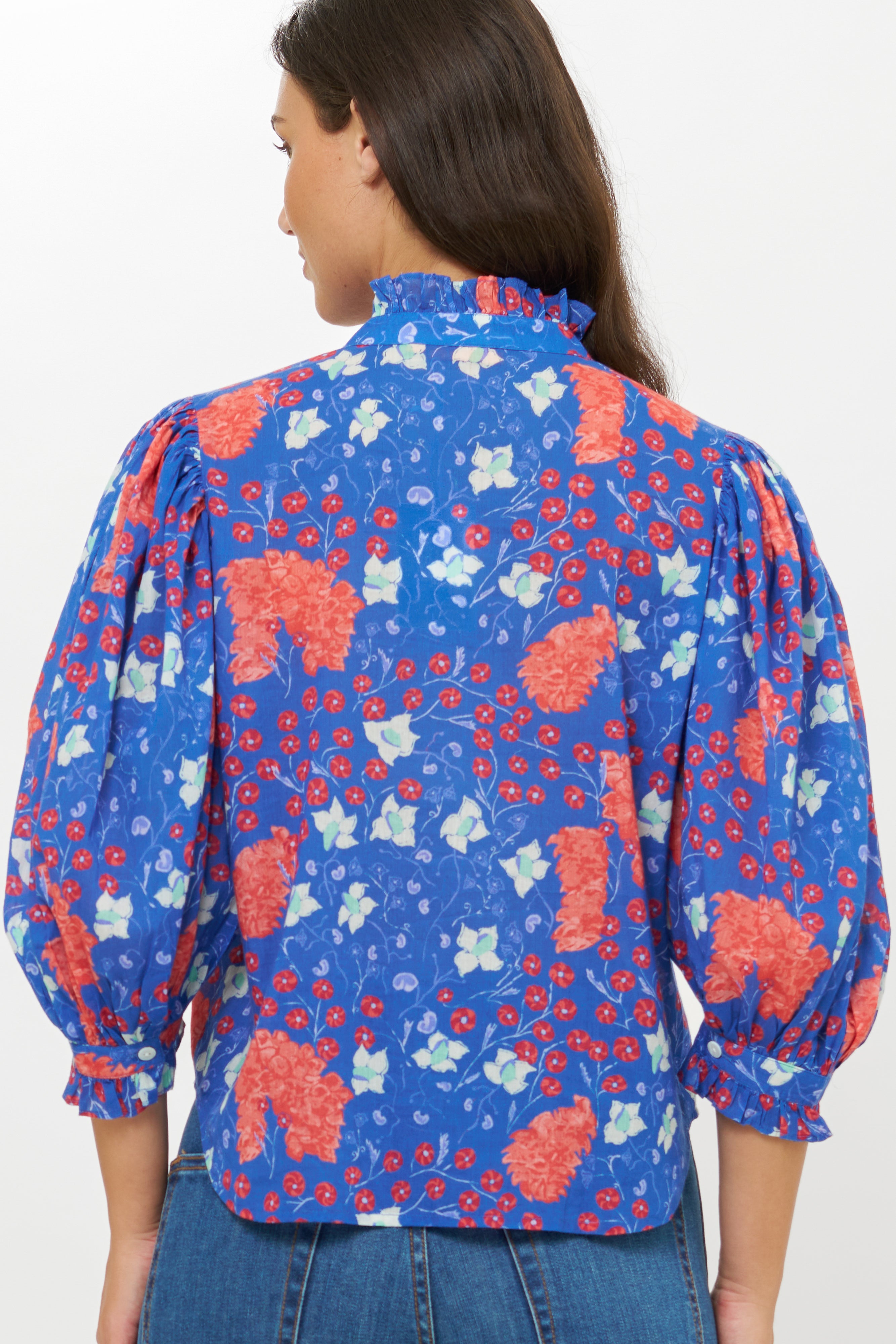 Ruffle Front Button Blouse- Fleur Blue