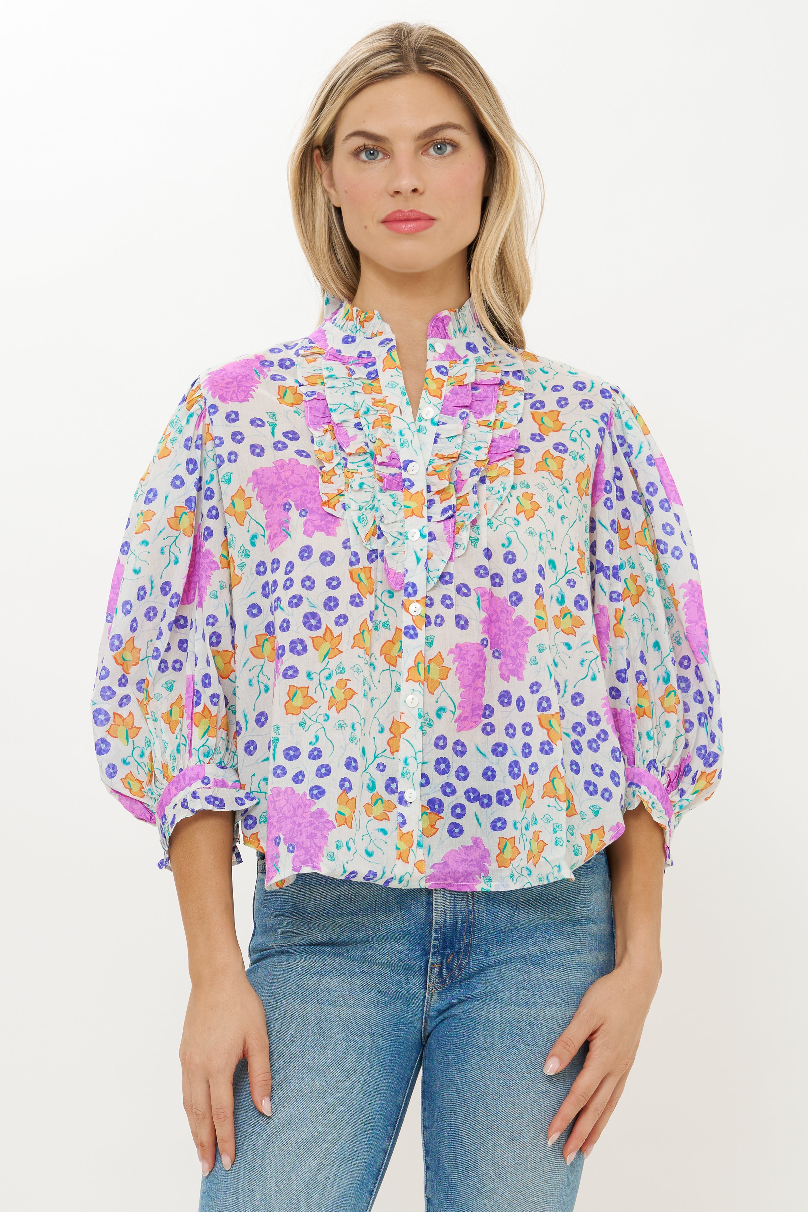 Ruffle Front Button Blouse- Fleur Lilac