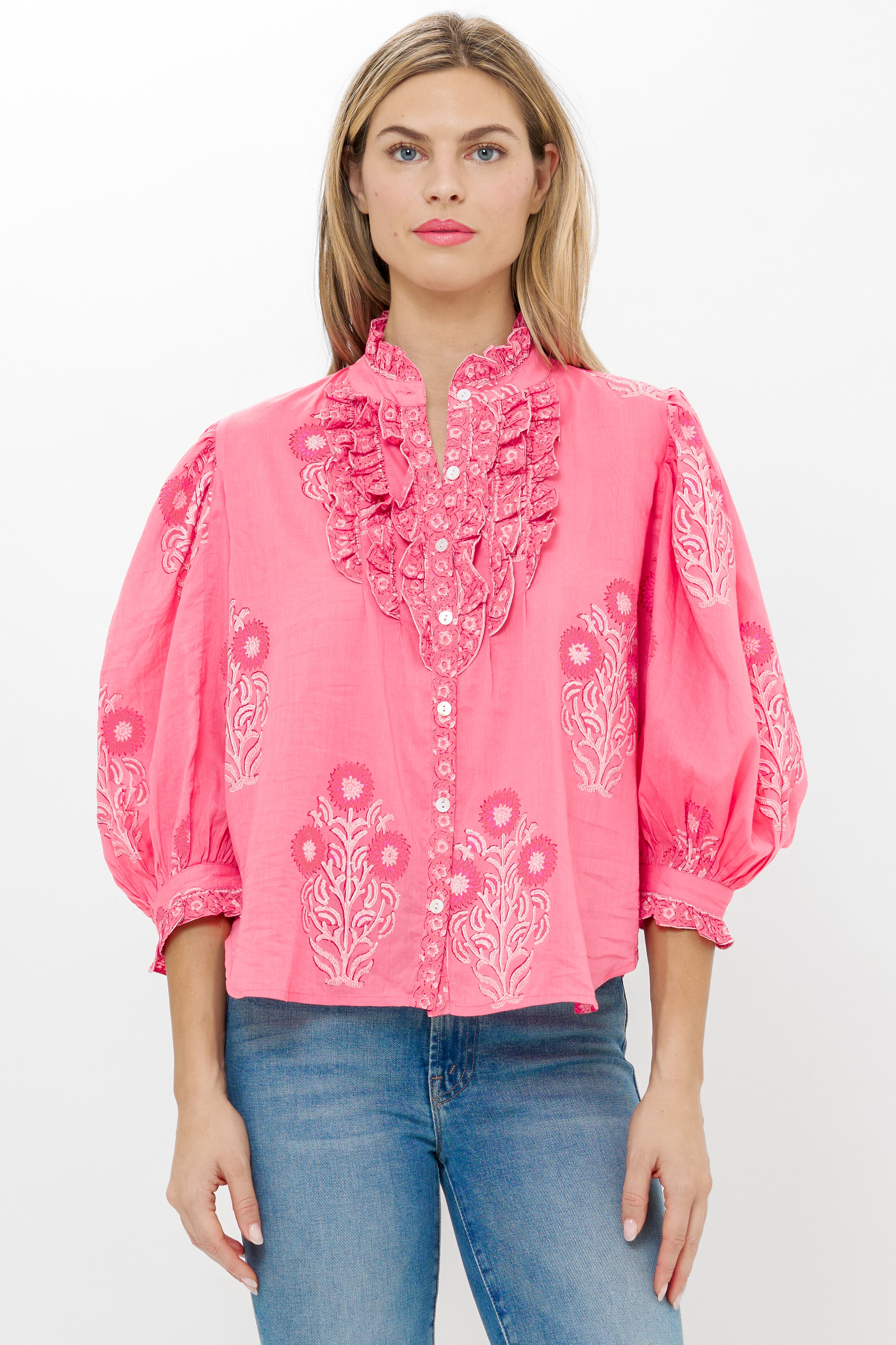 Ruffle Front Button Blouse- Raton Pink