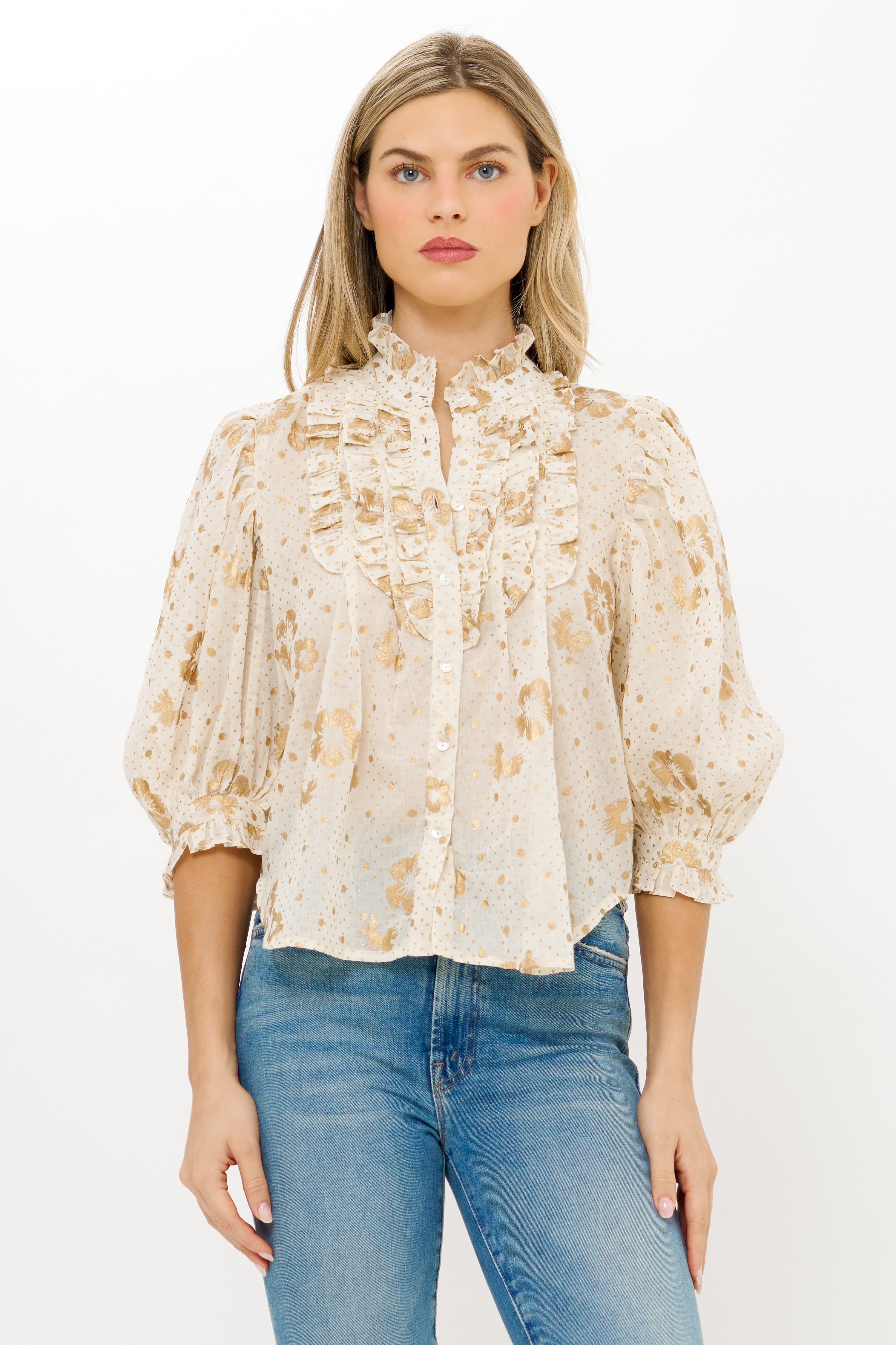 Ruffle Front Button Blouse- Carlin Cream Gold