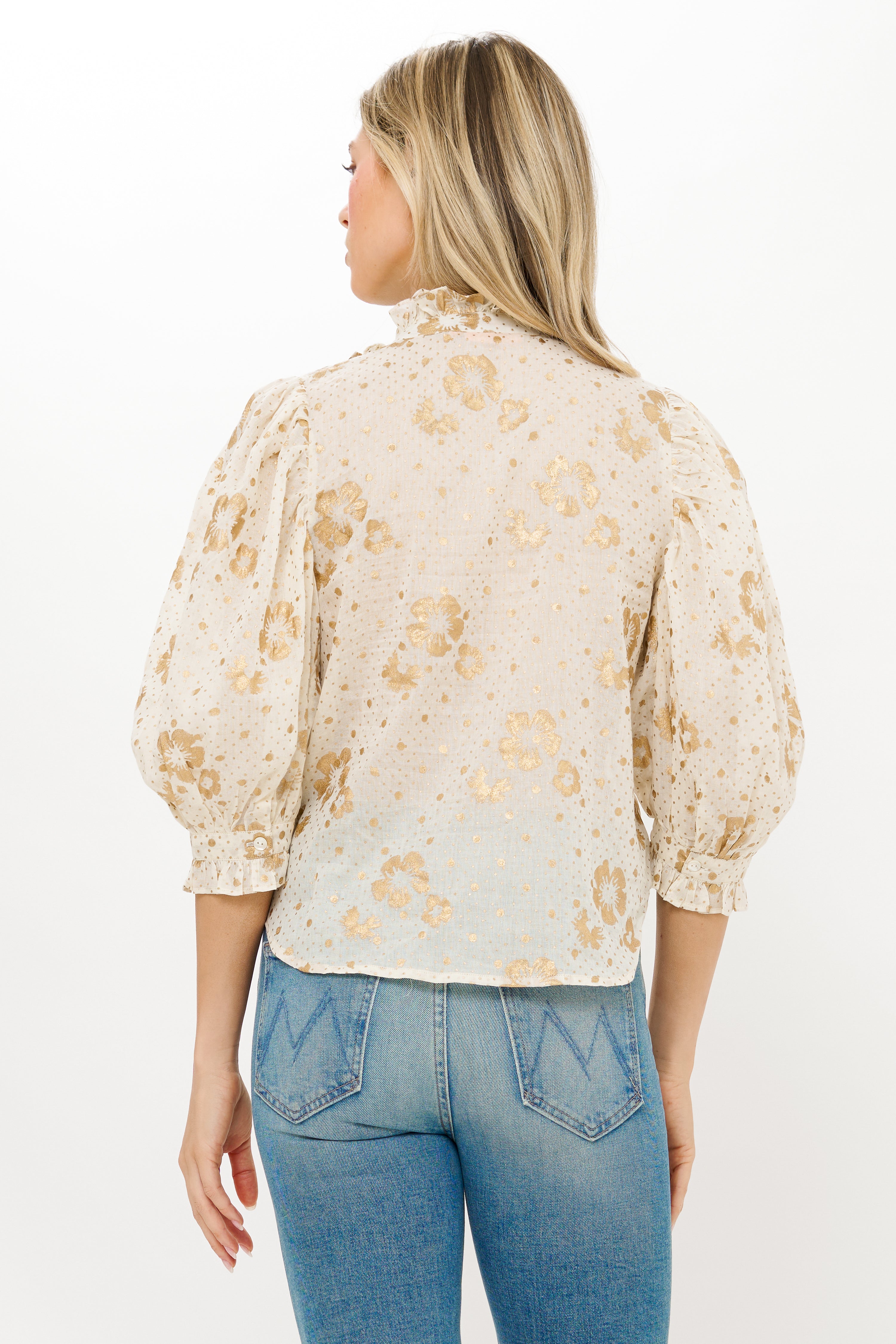 Ruffle Front Button Blouse- Carlin Cream Gold