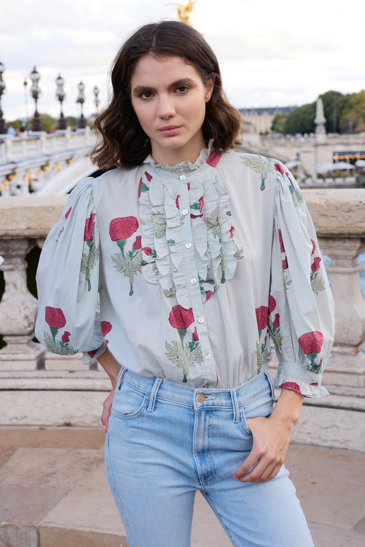 Ruffle Front Button Blouse- Bloom Rhubarb