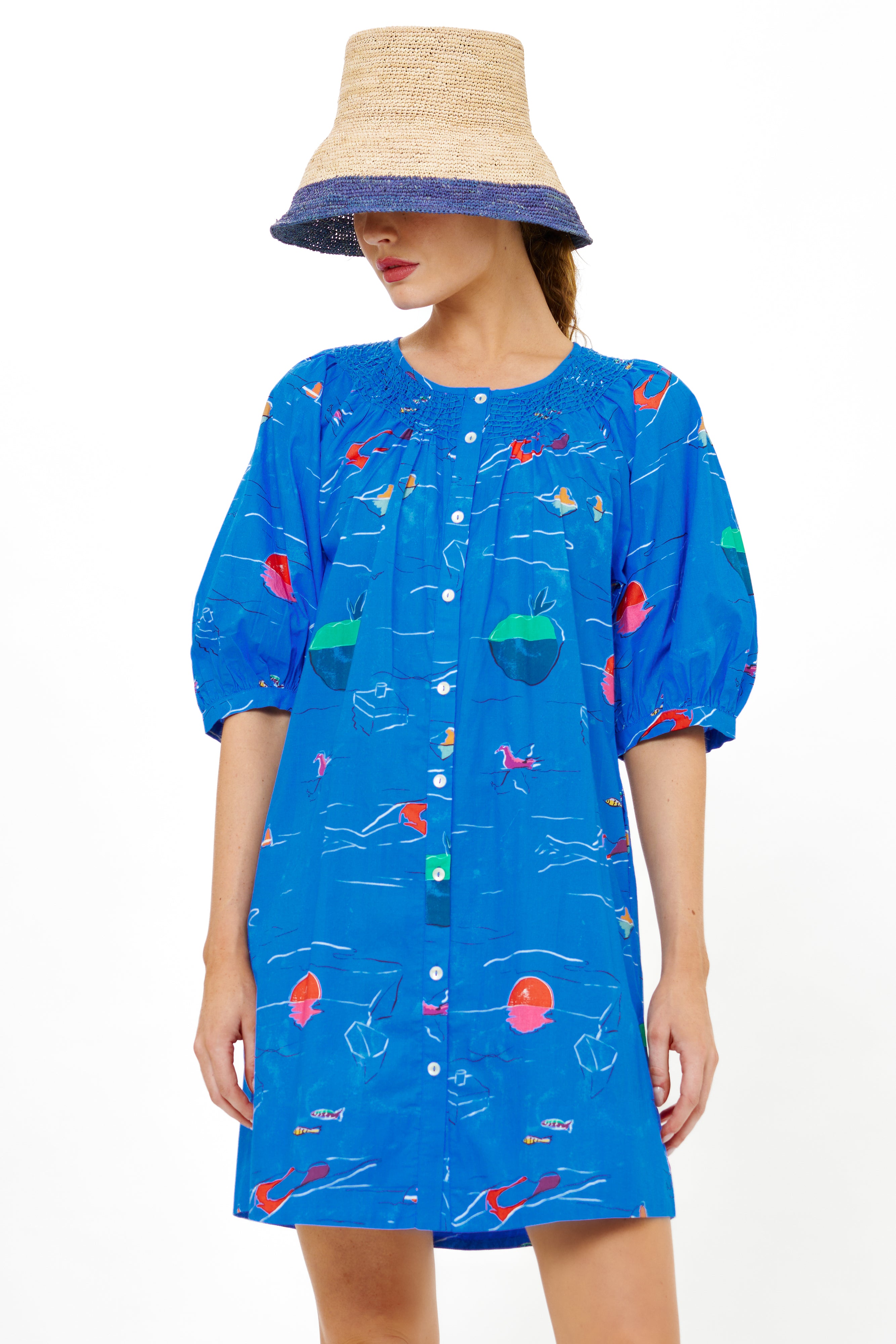 Embroidered Button Mini- Dip Blue