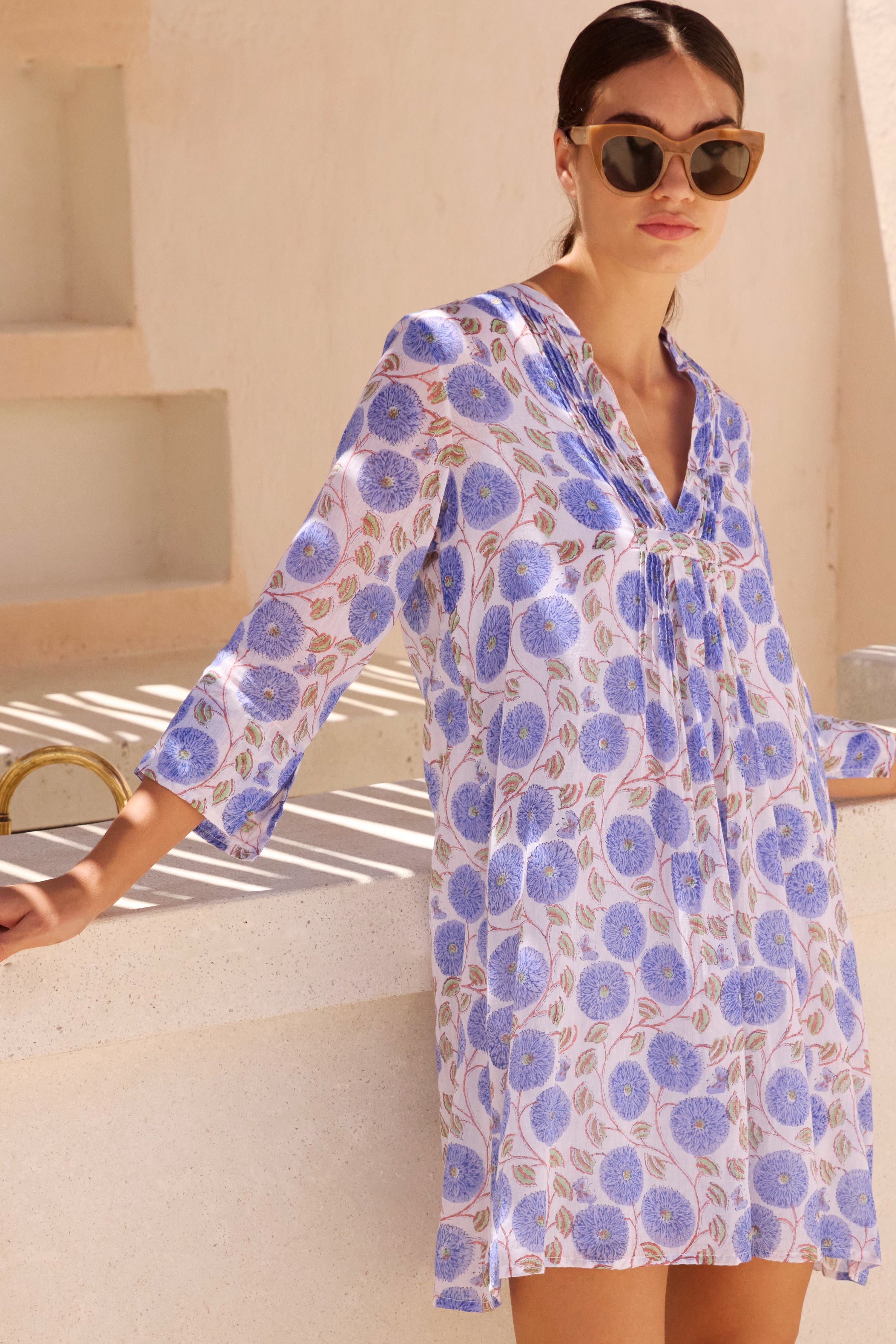 3/4 Sleeve Pintuck Dress- Monarch Blue