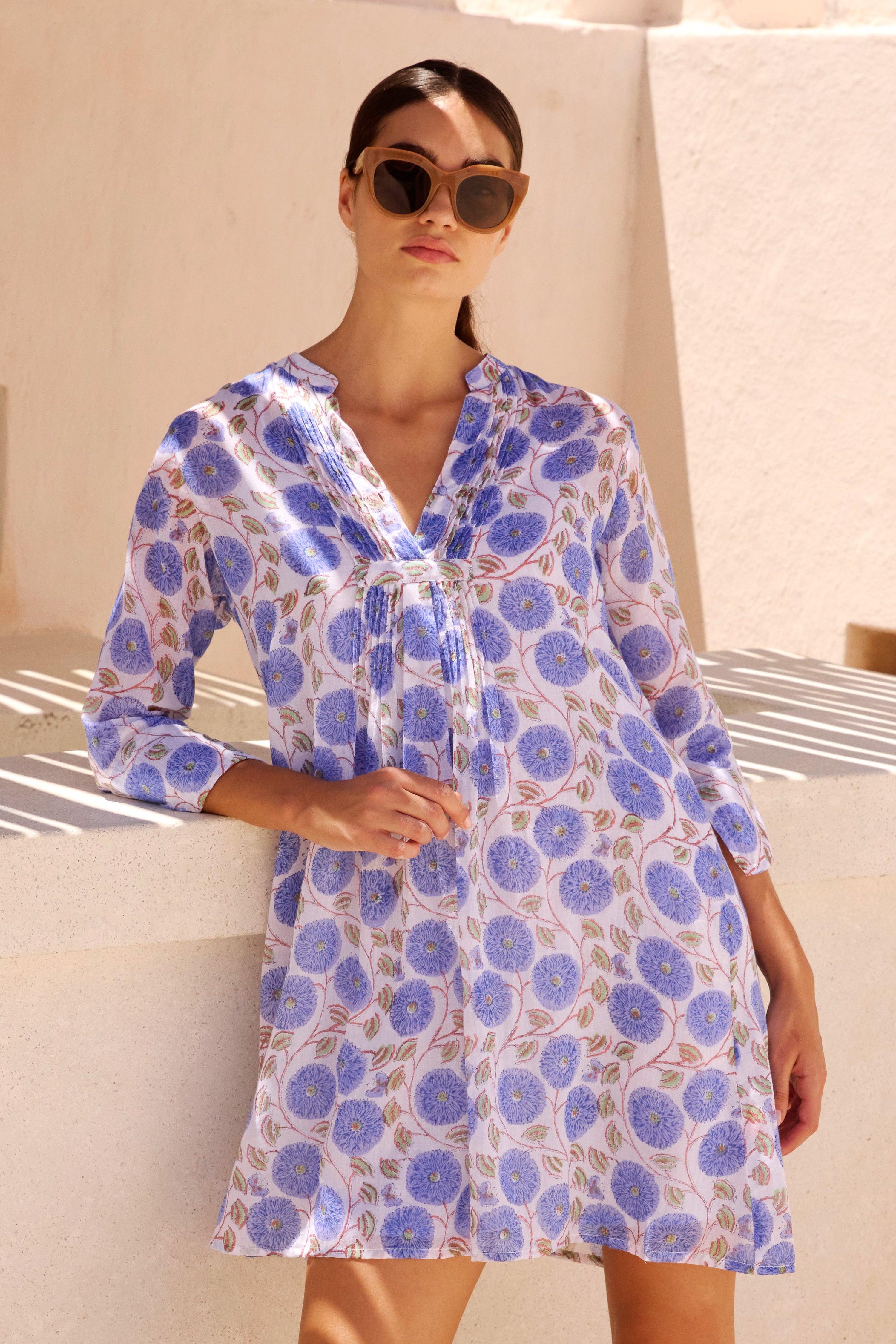 3/4 Sleeve Pintuck Dress- Monarch Blue