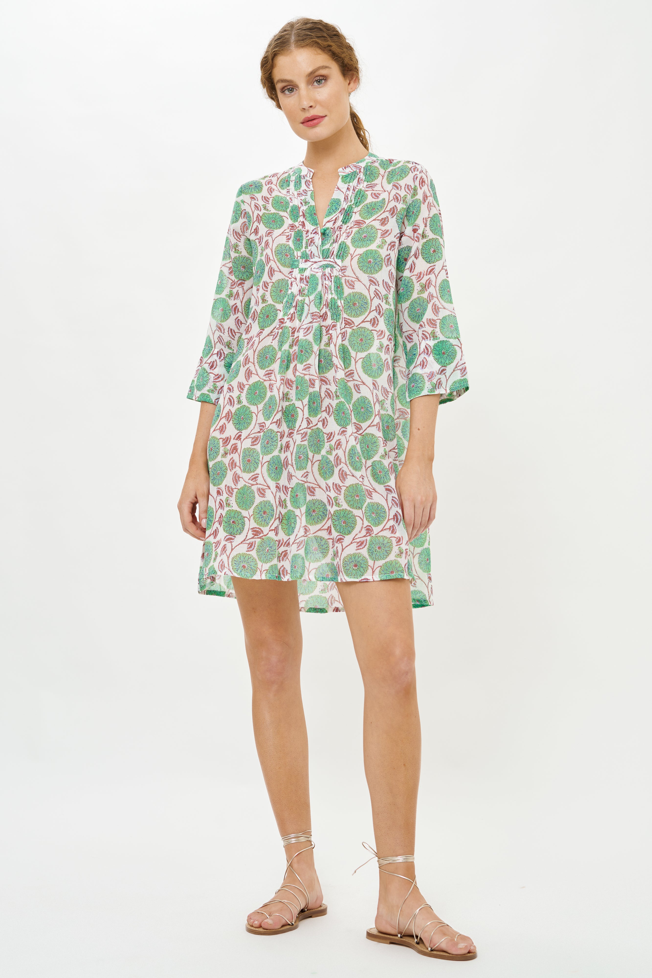 3/4 Sleeve Pintuck Dress- Monarch Green