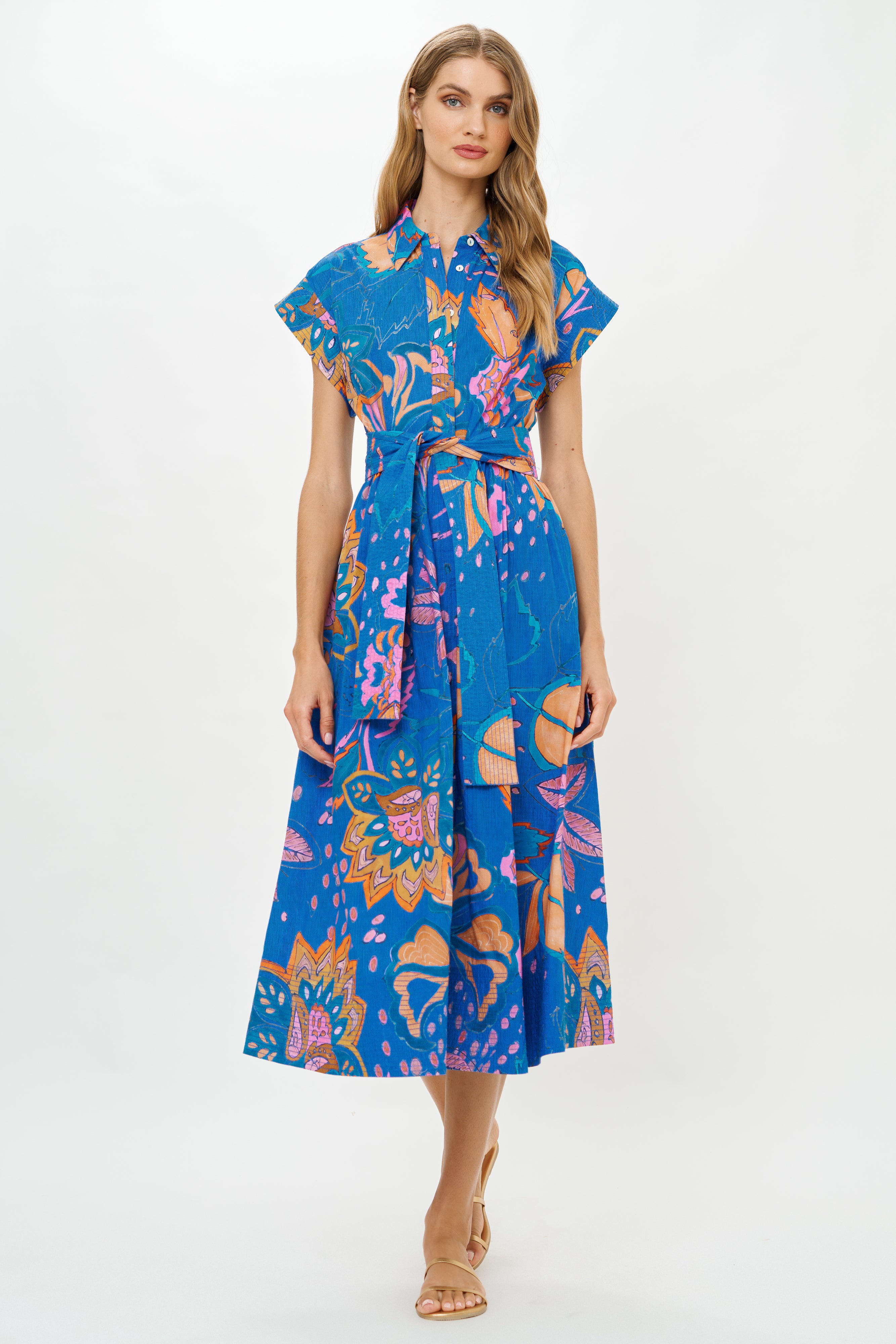 Belted Shirt Dress- Antico Blue