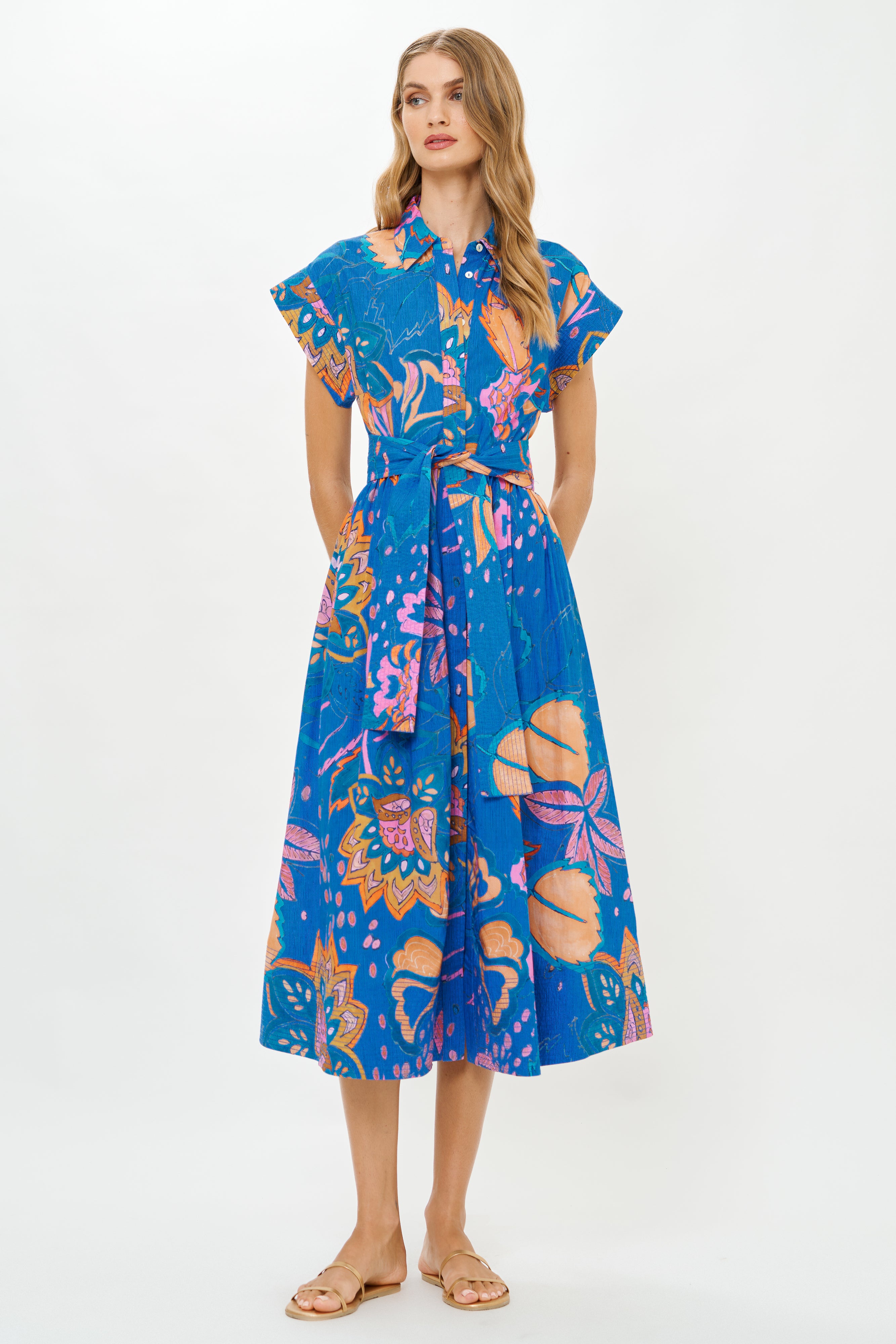 Belted Shirt Dress- Antico Blue