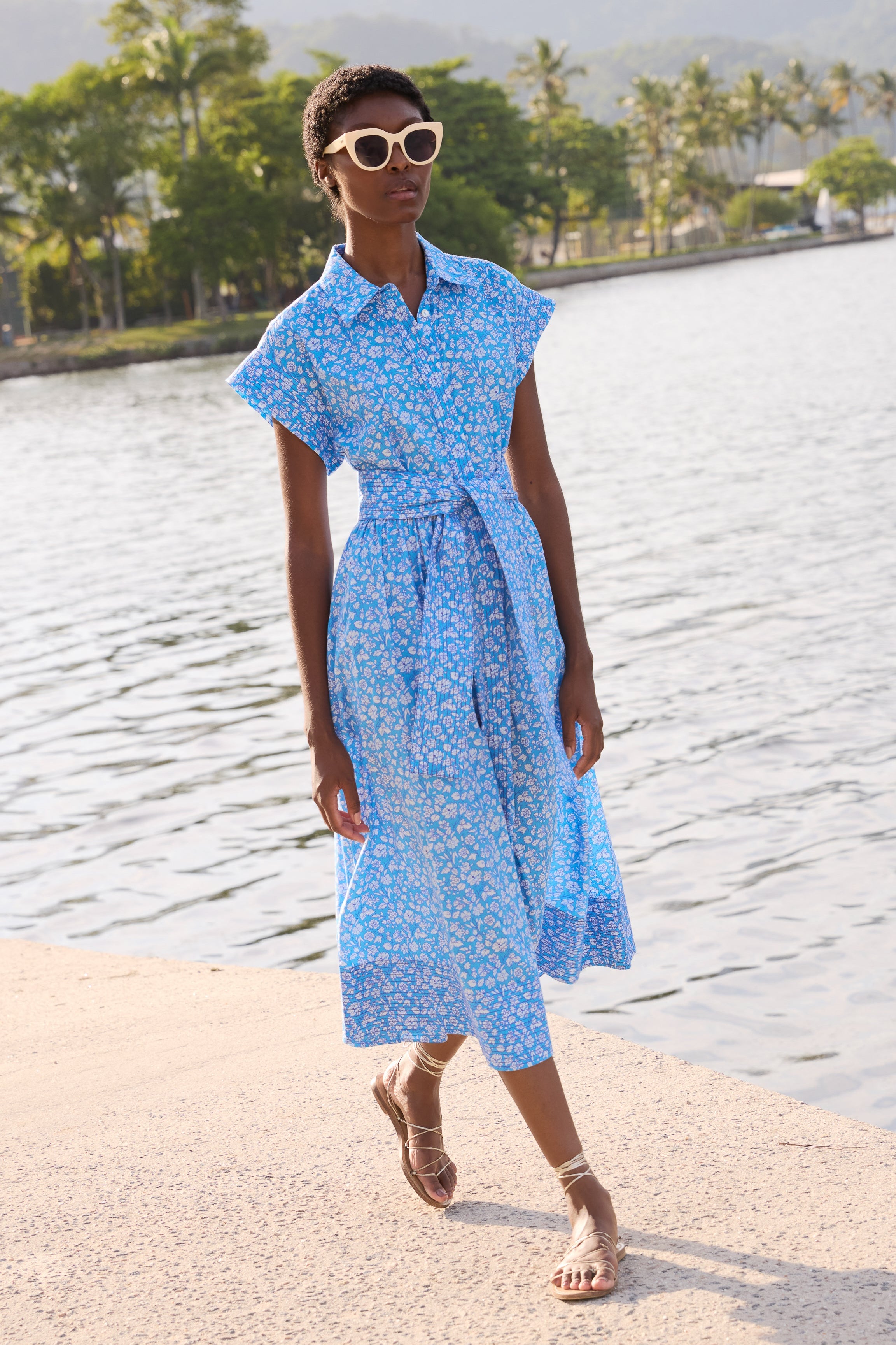 Belted Shirt Dress- Ditsy Blue
