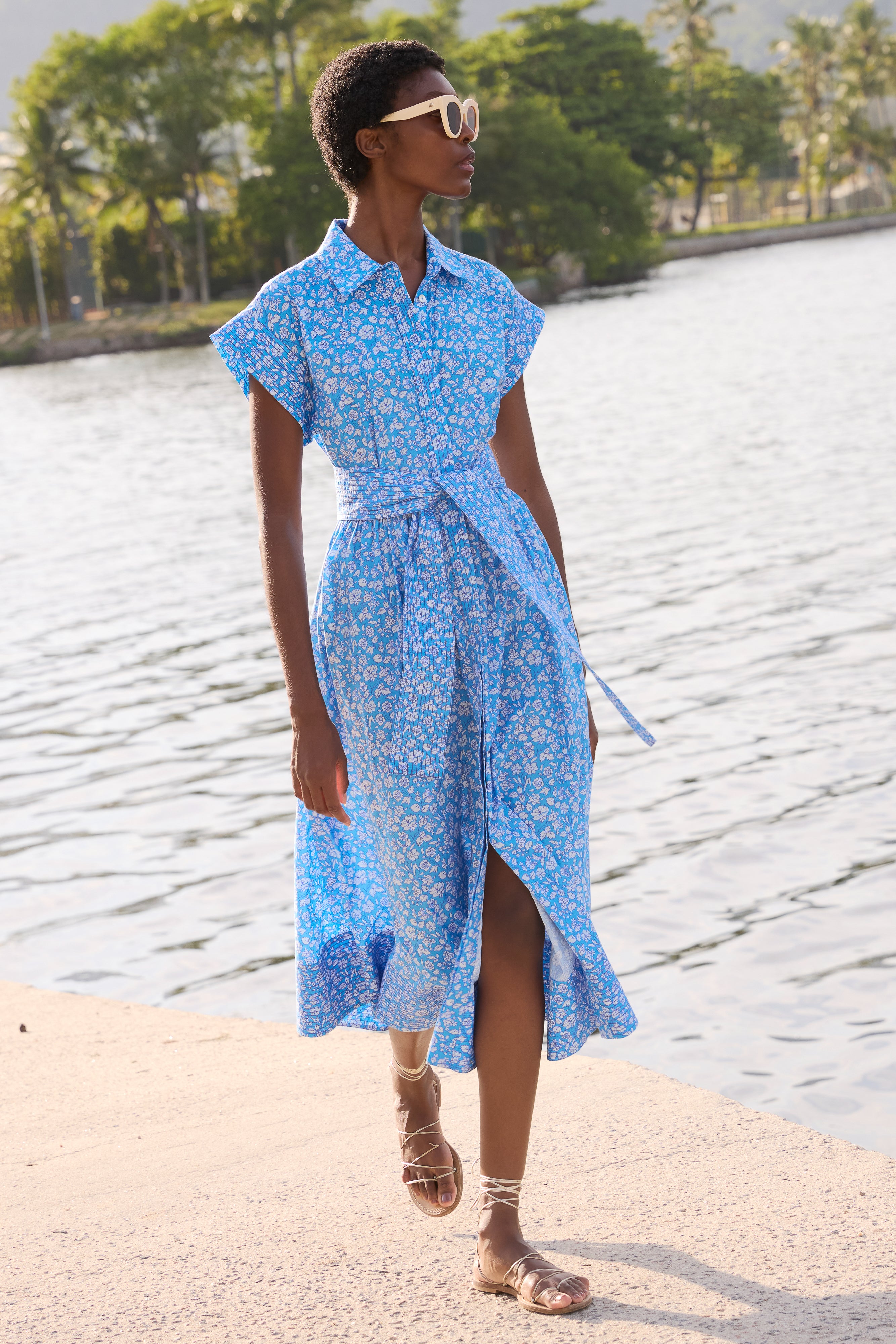 Belted Shirt Dress- Ditsy Blue