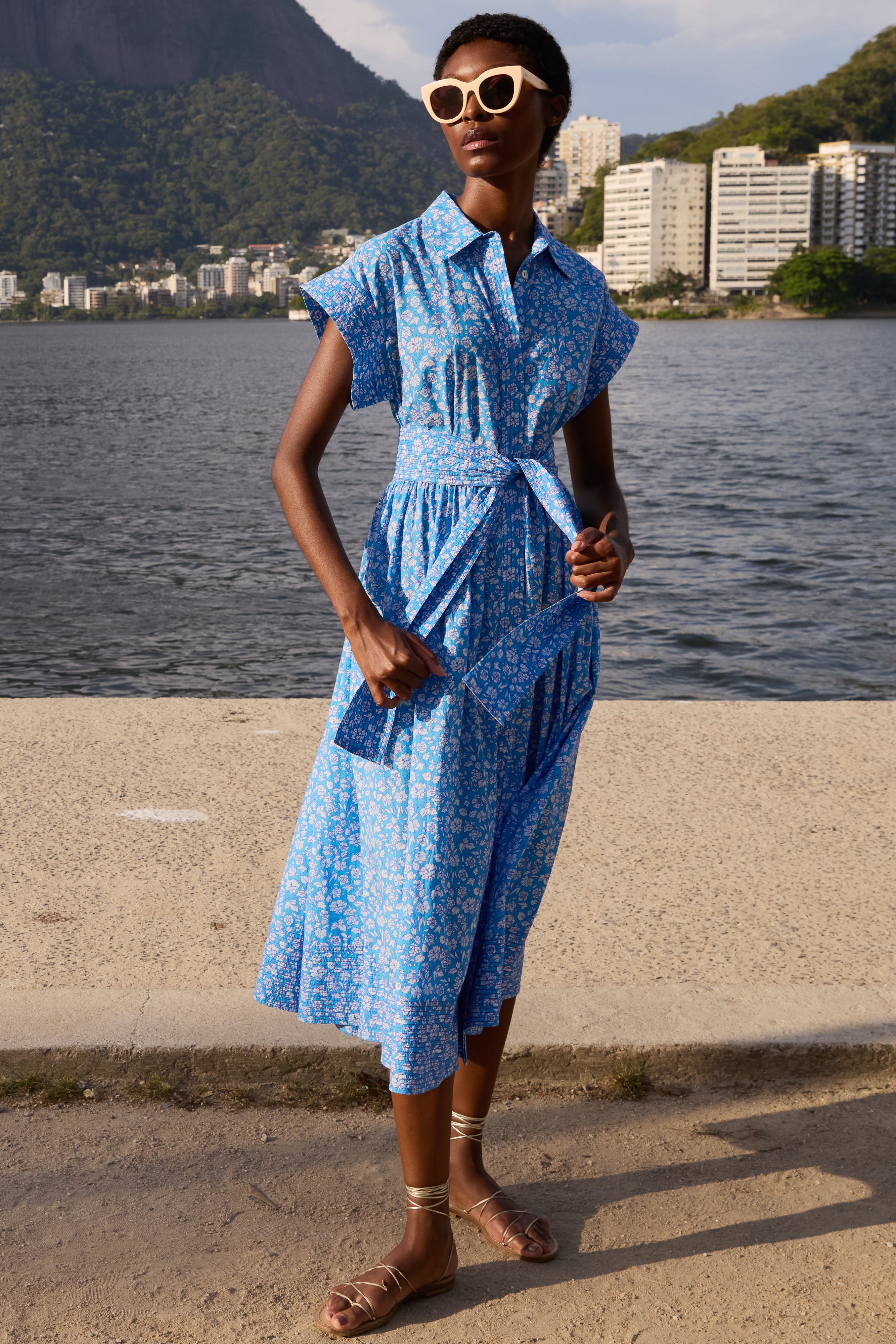 Belted Shirt Dress- Ditsy Blue