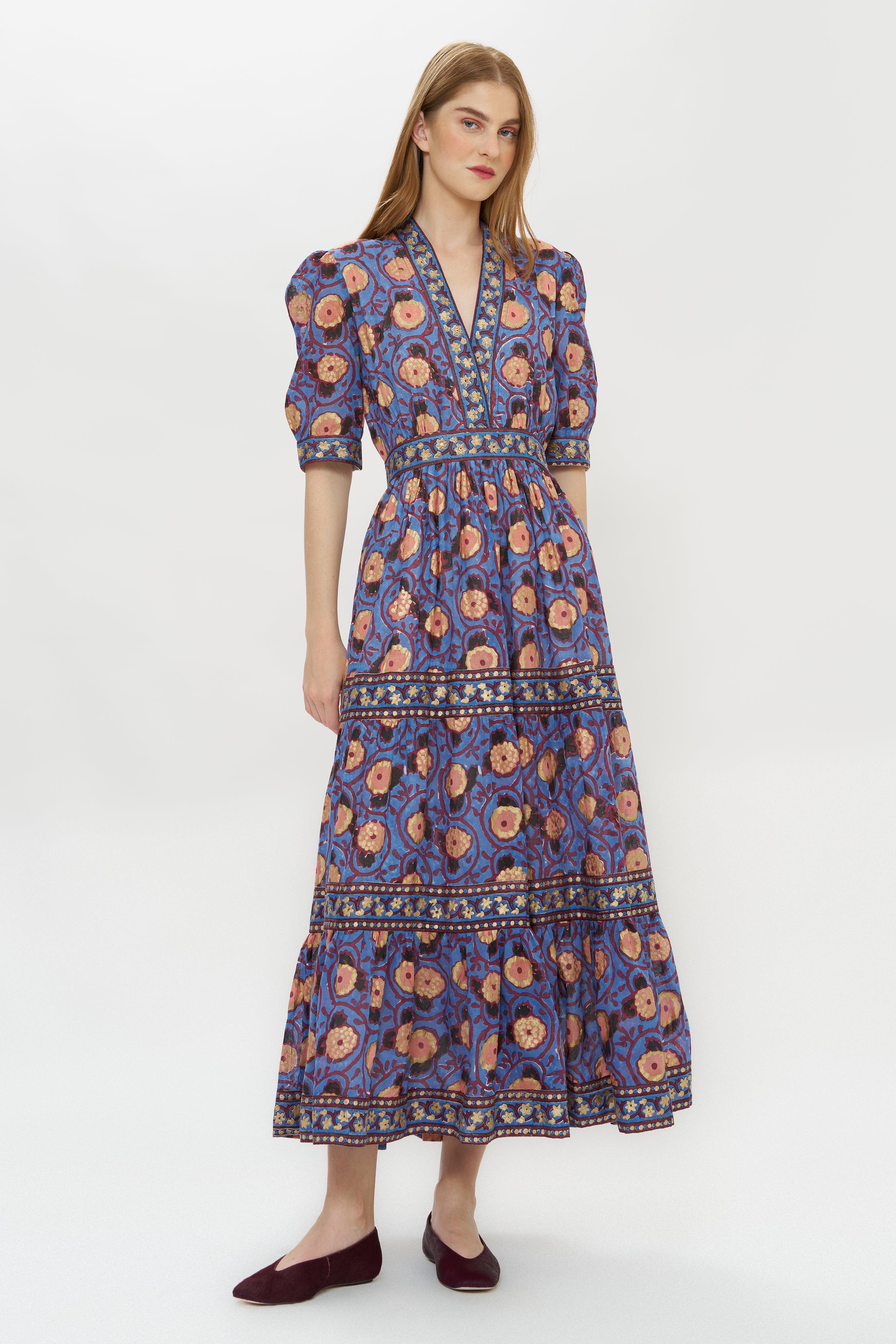V-Neck Cuffed Maxi- Verona Blue