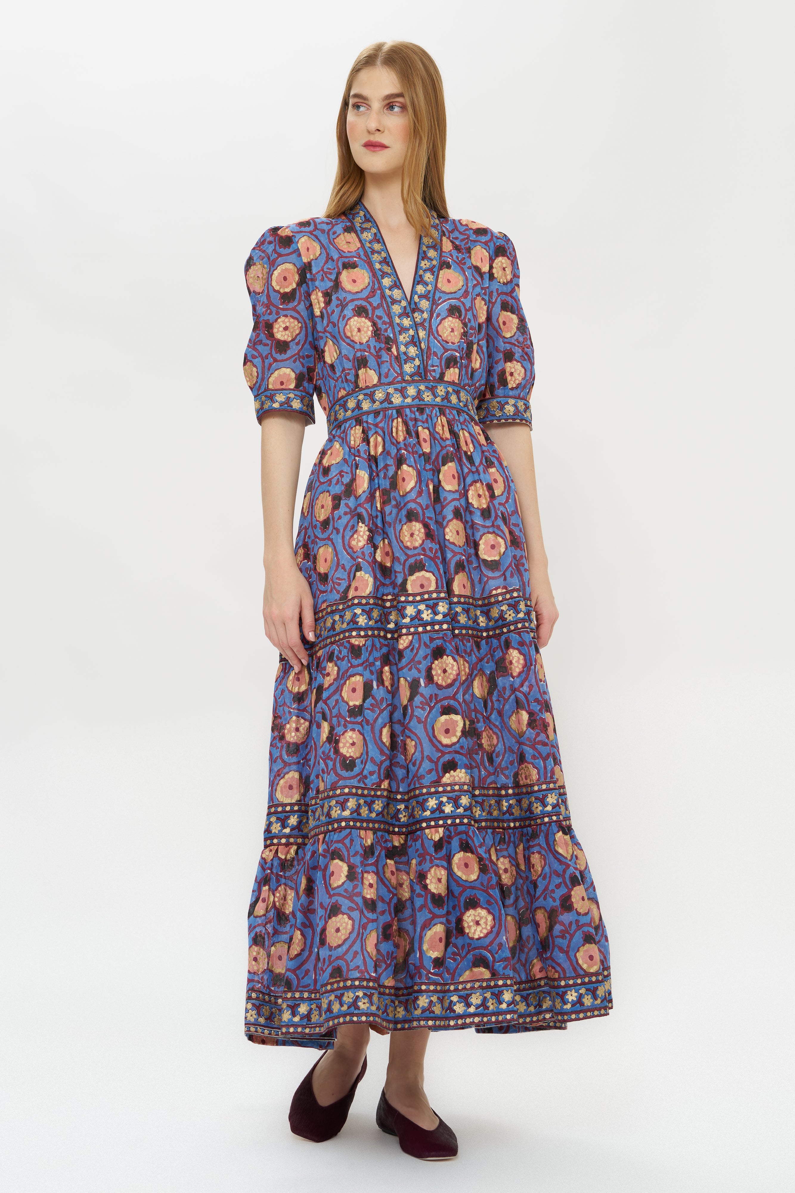 V-Neck Cuffed Maxi- Verona Blue