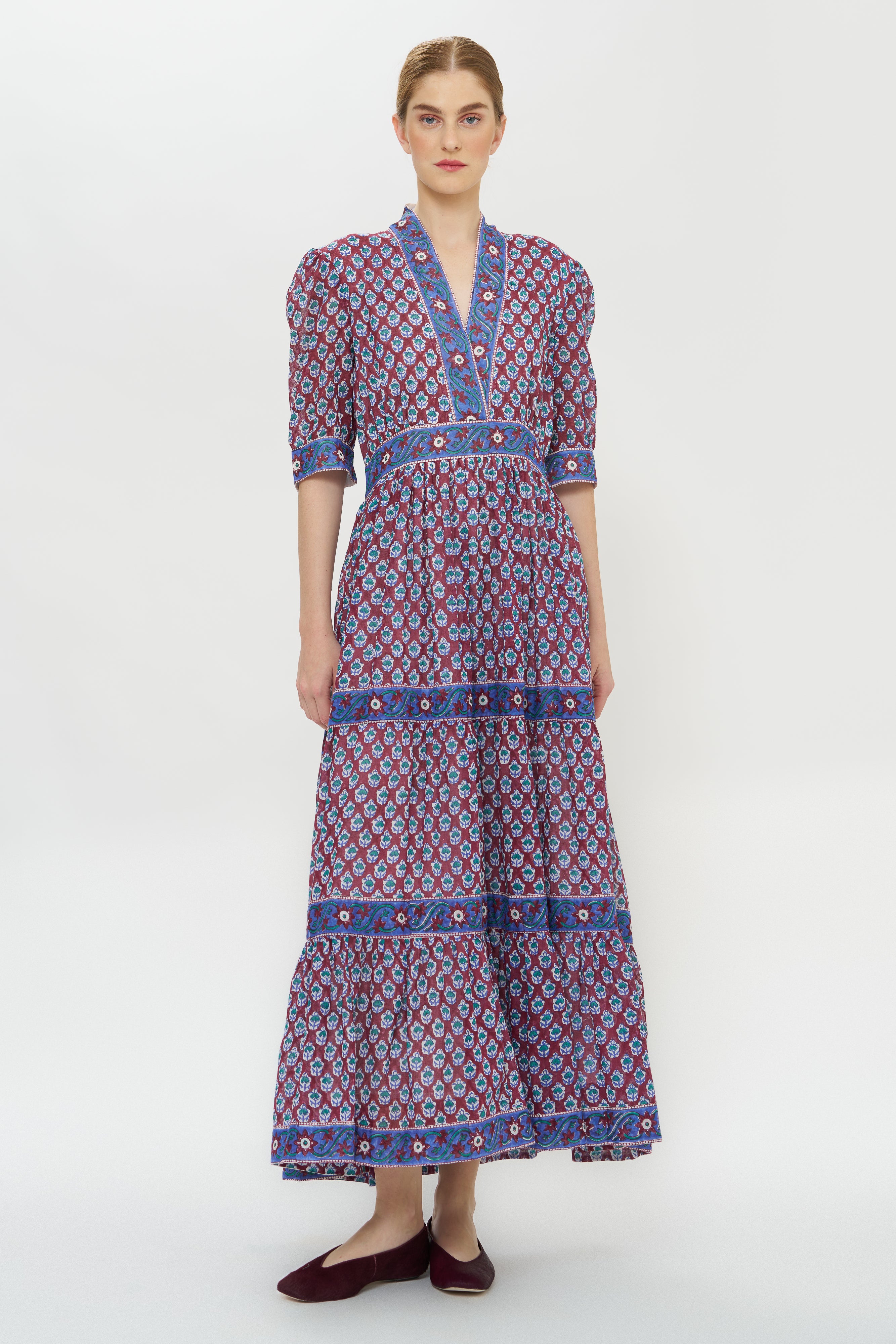 V-Neck Cuffed Maxi- Zenica Wine