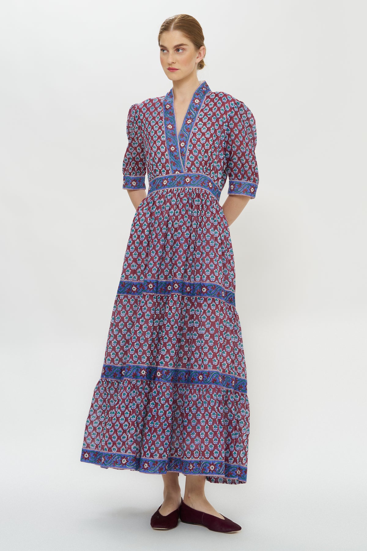 V-Neck Cuffed Maxi- Zenica Wine