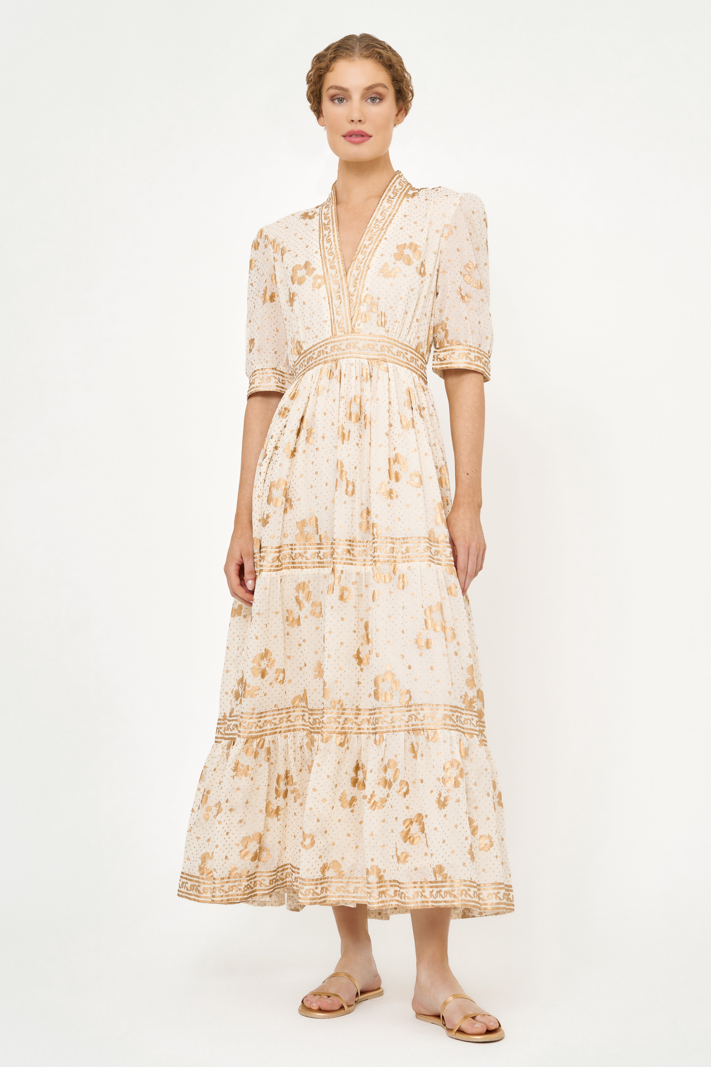 V-Neck Cuffed Maxi- Carlin Cream Gold