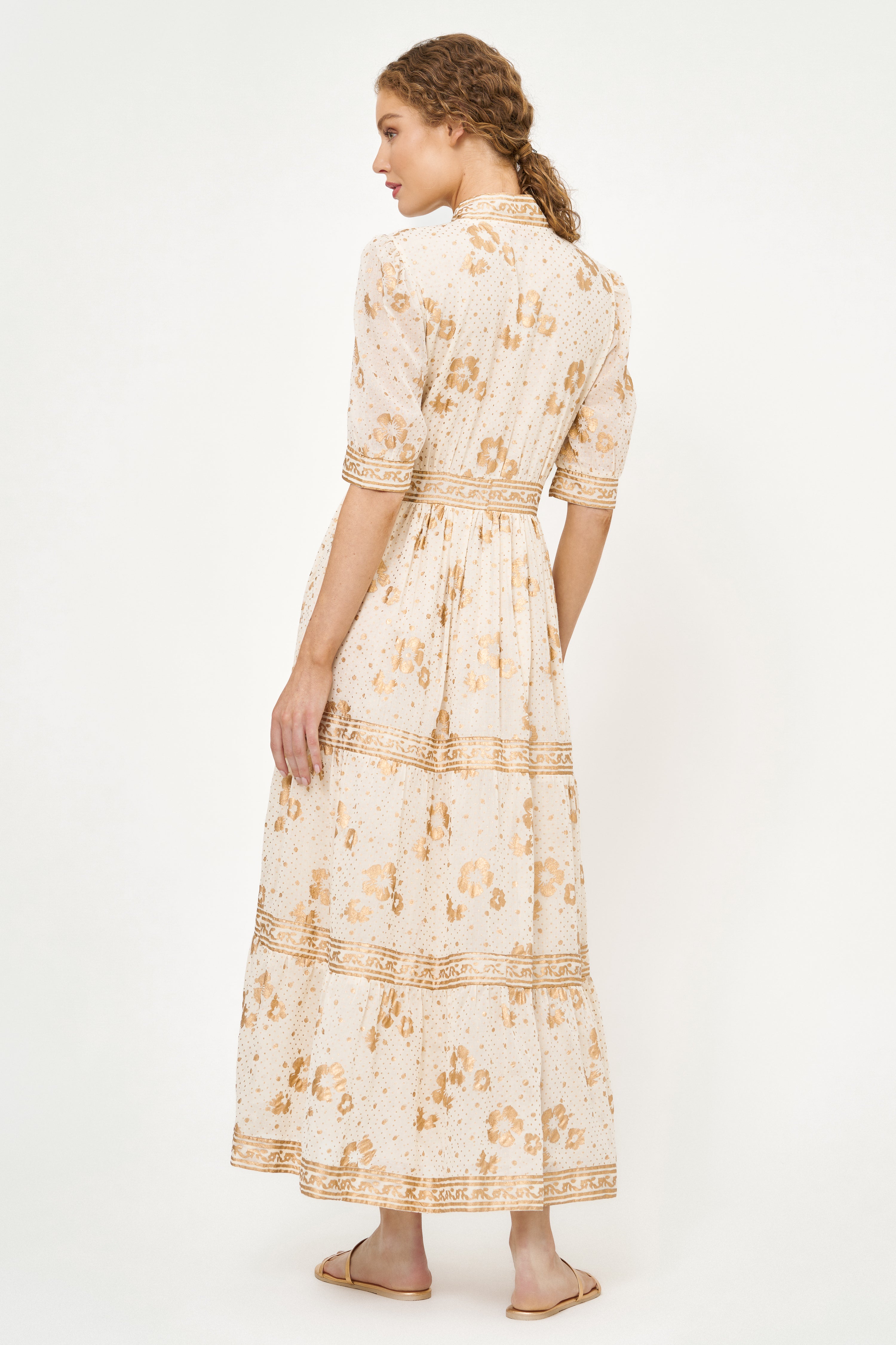 V-Neck Cuffed Maxi- Carlin Cream Gold