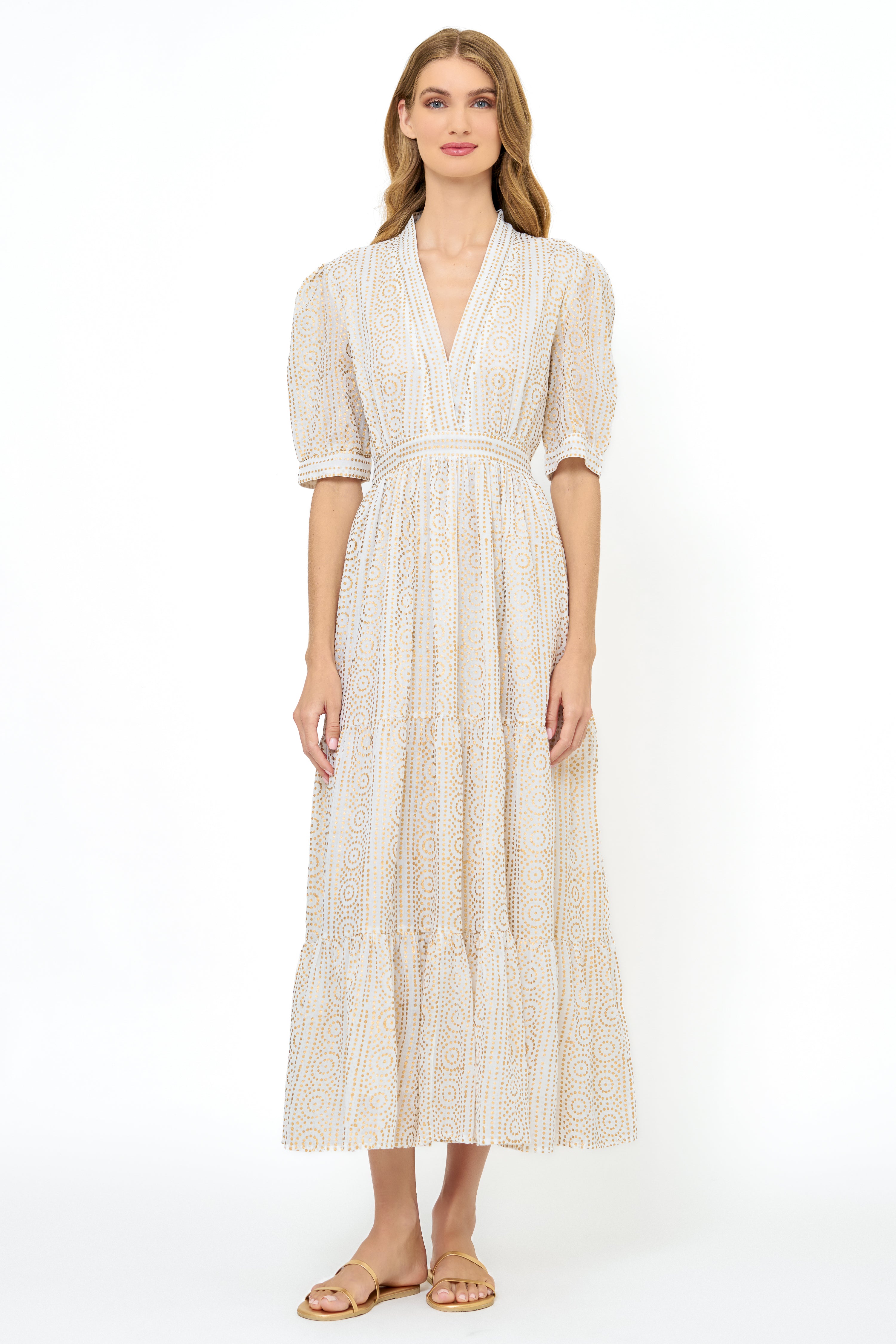V-Neck Cuffed Maxi- Helene Cream Gold