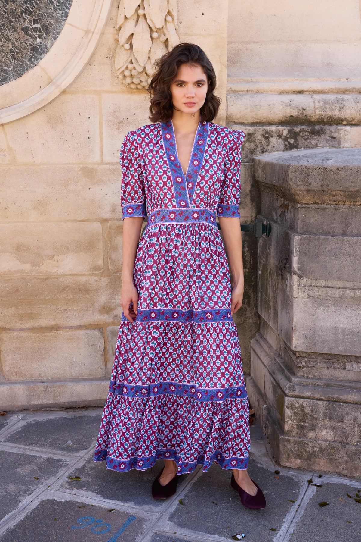 V-Neck Cuffed Maxi- Zenica Wine