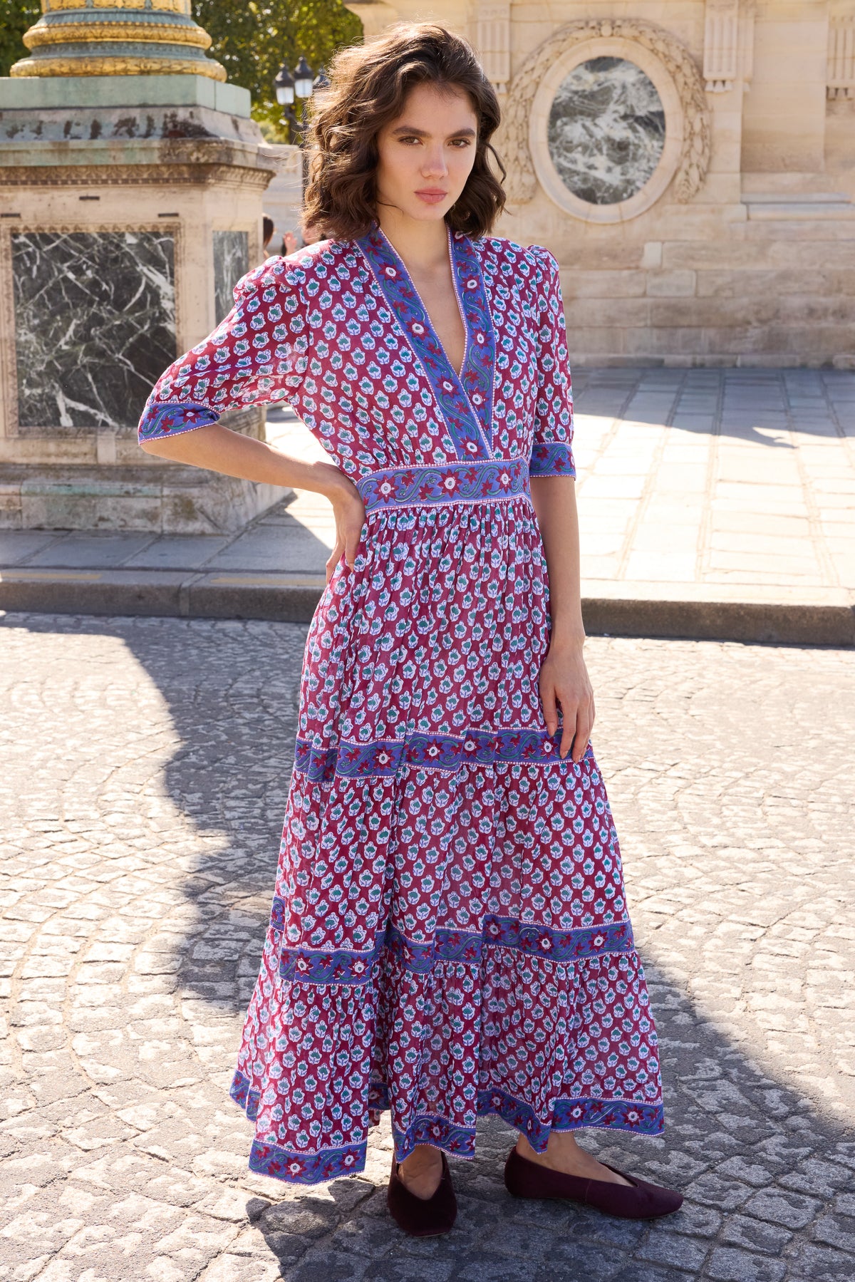 V-Neck Cuffed Maxi- Zenica Wine
