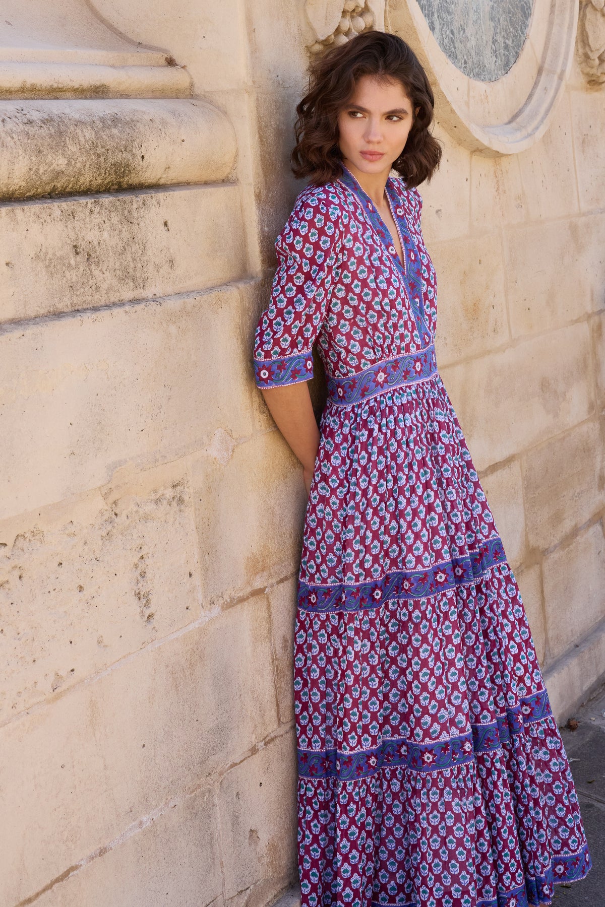 V-Neck Cuffed Maxi- Zenica Wine