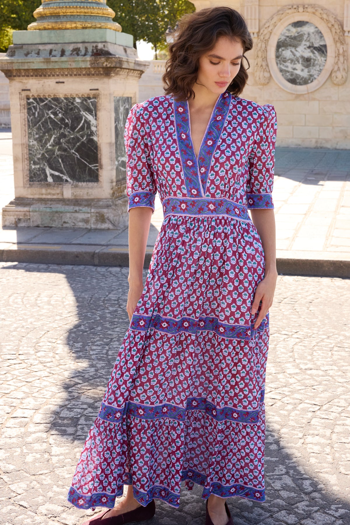 V-Neck Cuffed Maxi- Zenica Wine