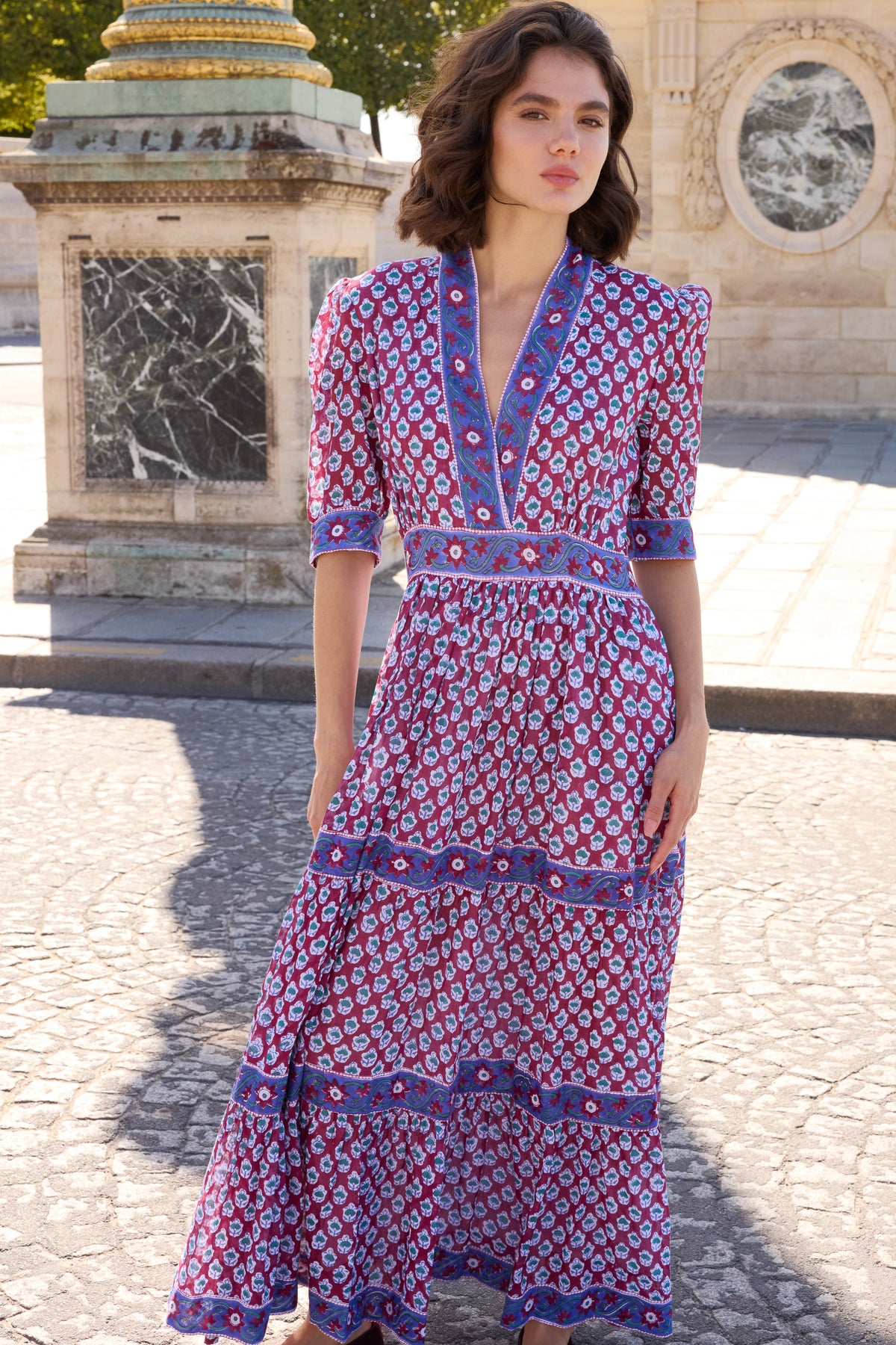 V-Neck Cuffed Maxi- Zenica Wine
