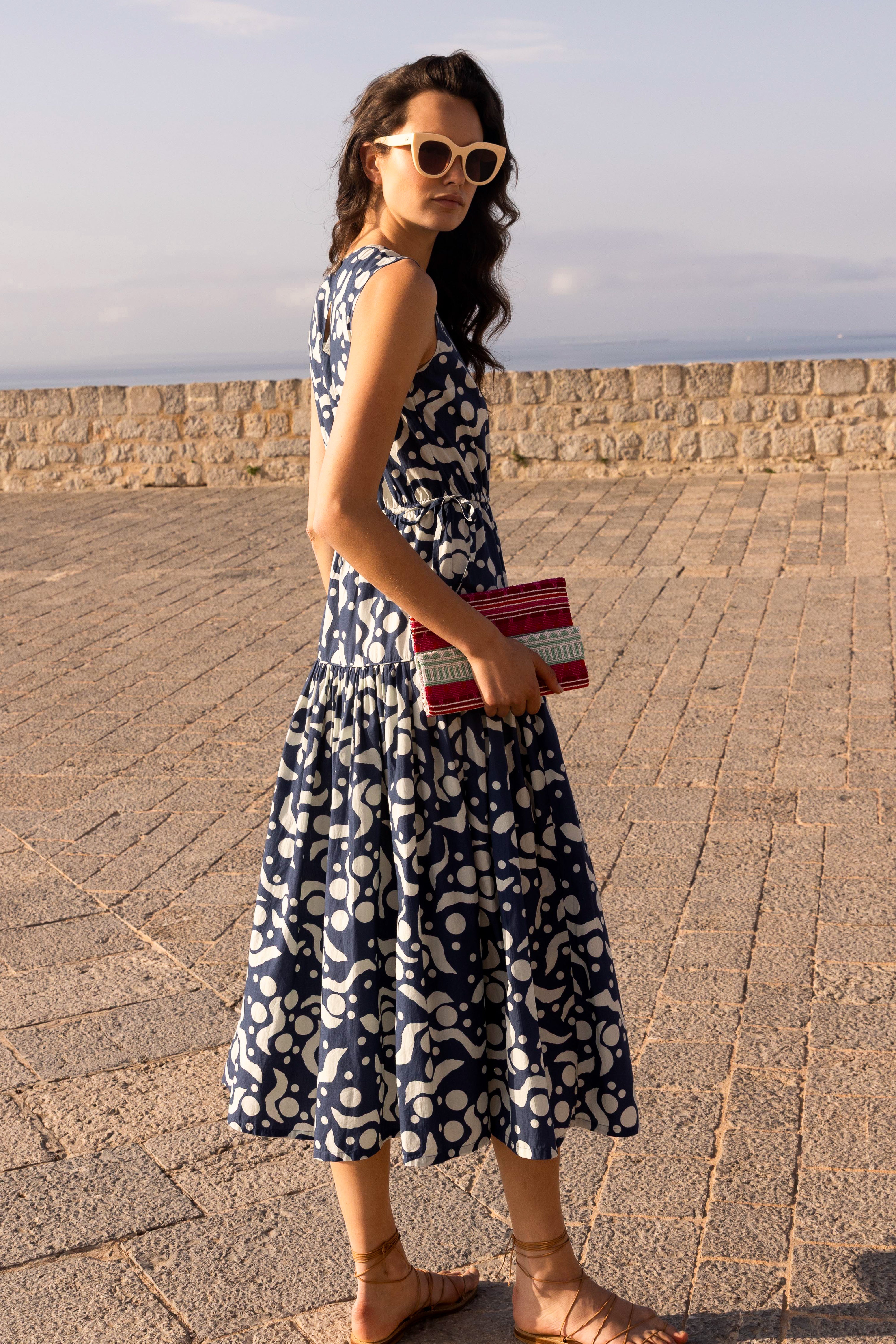 Sleeveless Piped Maxi- Acadia Navy