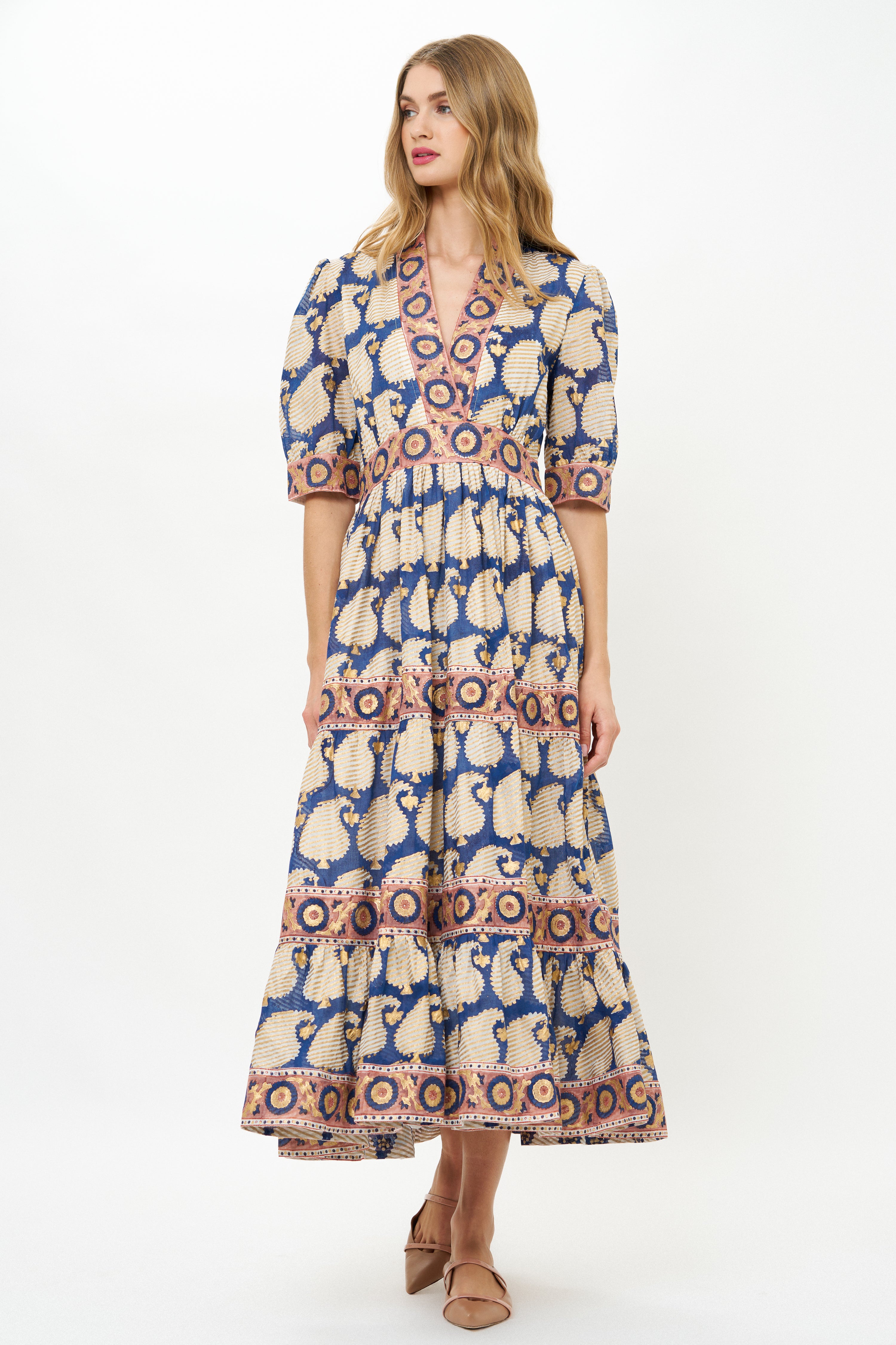 V-Neck Cuffed Maxi- Agra Navy