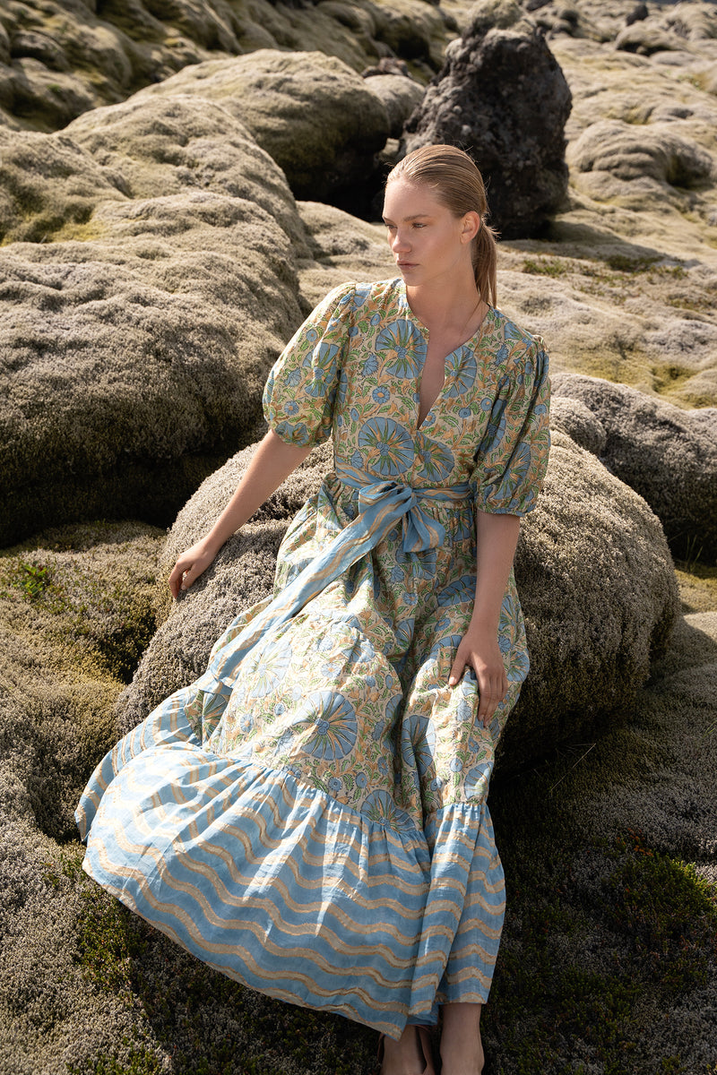 Puff Sleeve Maxi- Ankara Blue