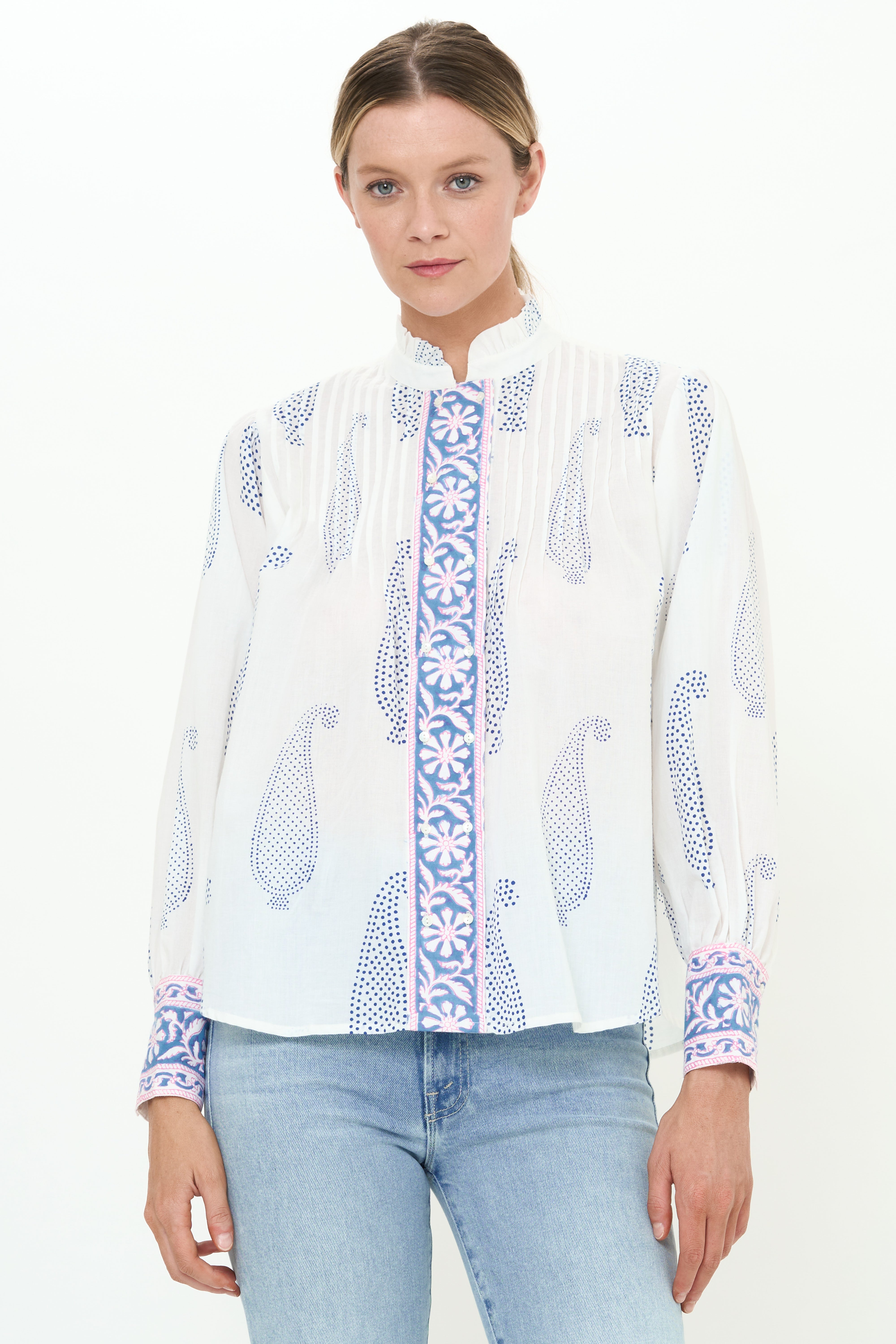 Pintuck Button Front Blouse- Aptos Blue