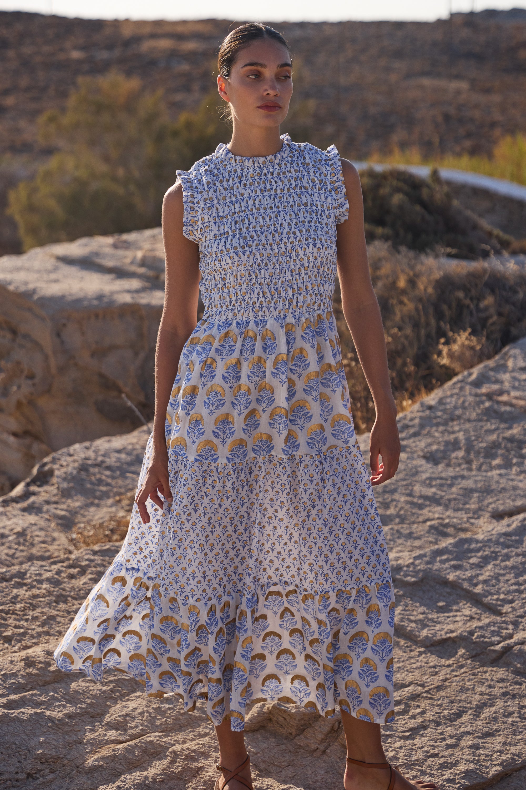 Sleeveless Smocked Maxi- Arbor Blue