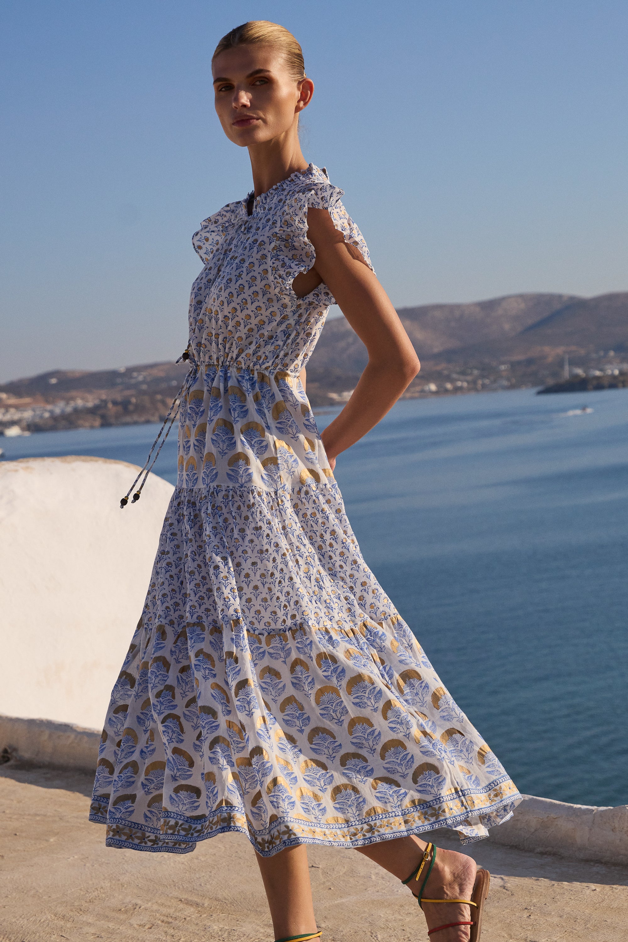 Cinched Flirty Midi- Arbor Blue