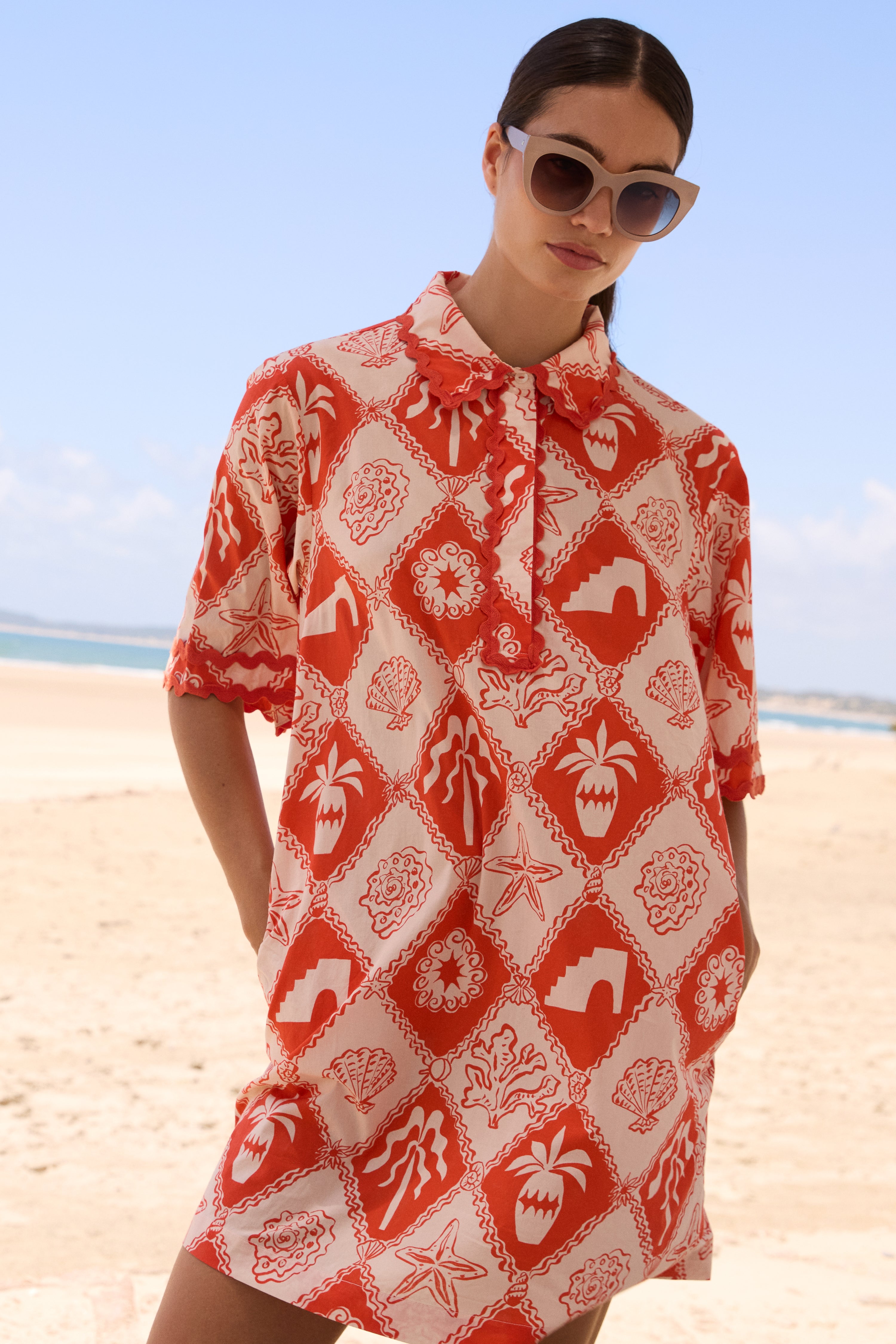 Collared Shirt Dress Mini- Asterias Red