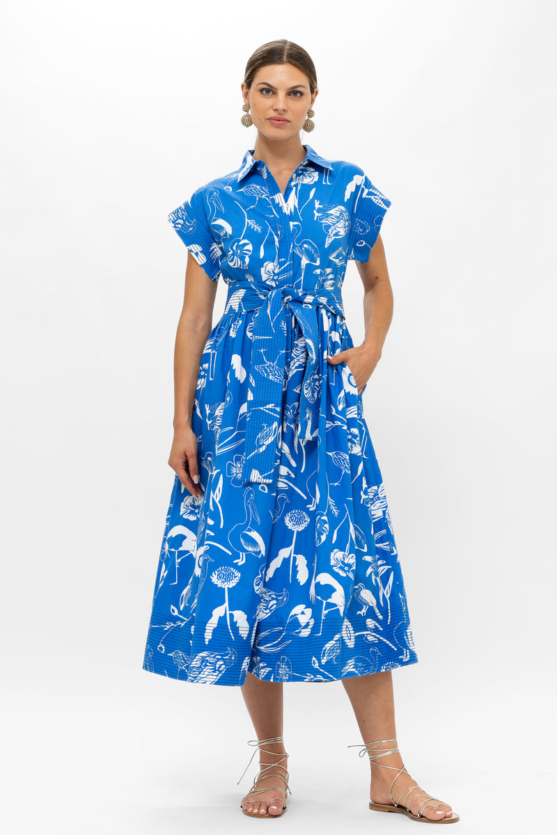 Belted Shirt Dress Midi- Audubon Blue