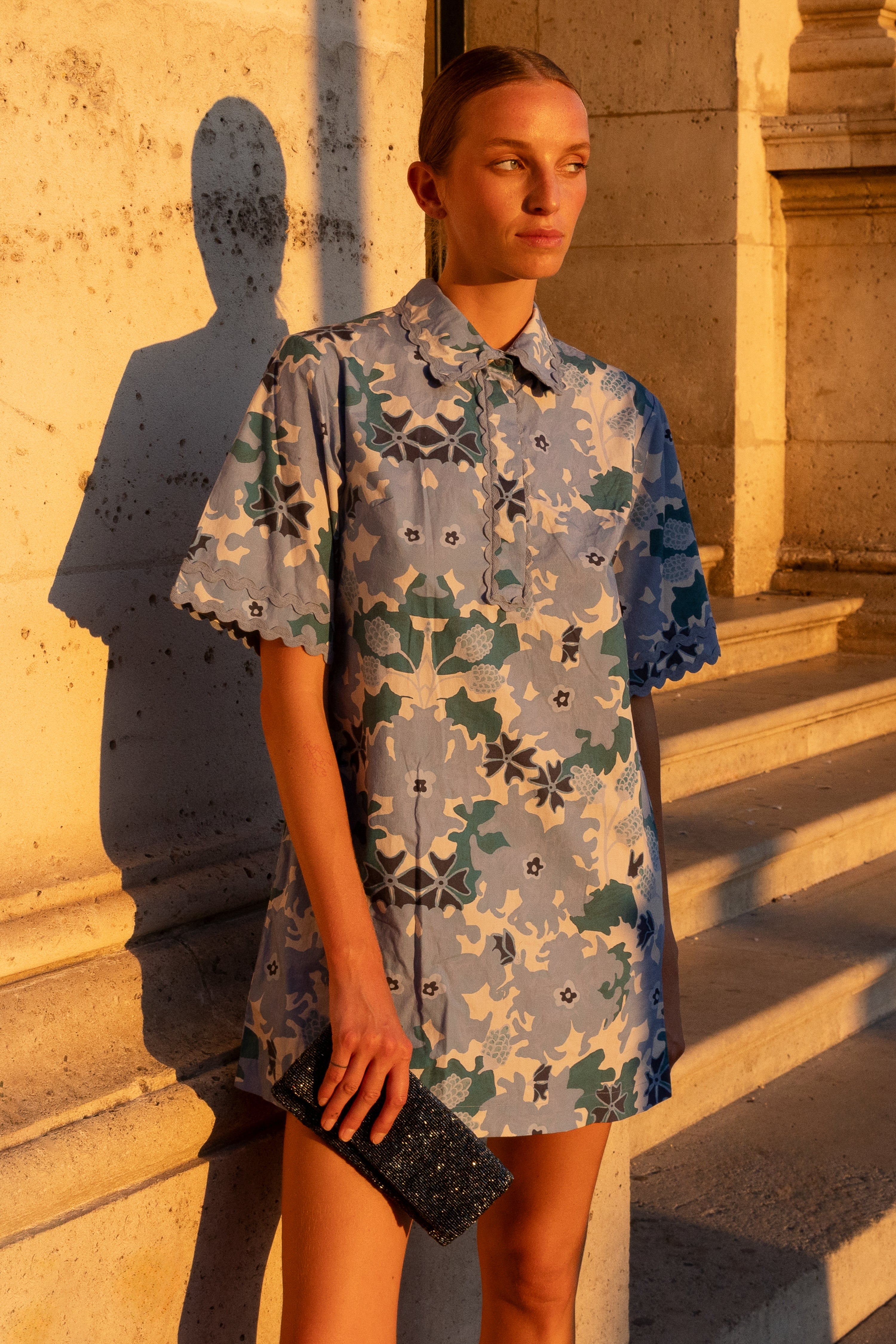 Collared Shirt Dress Mini- Suzani Blue