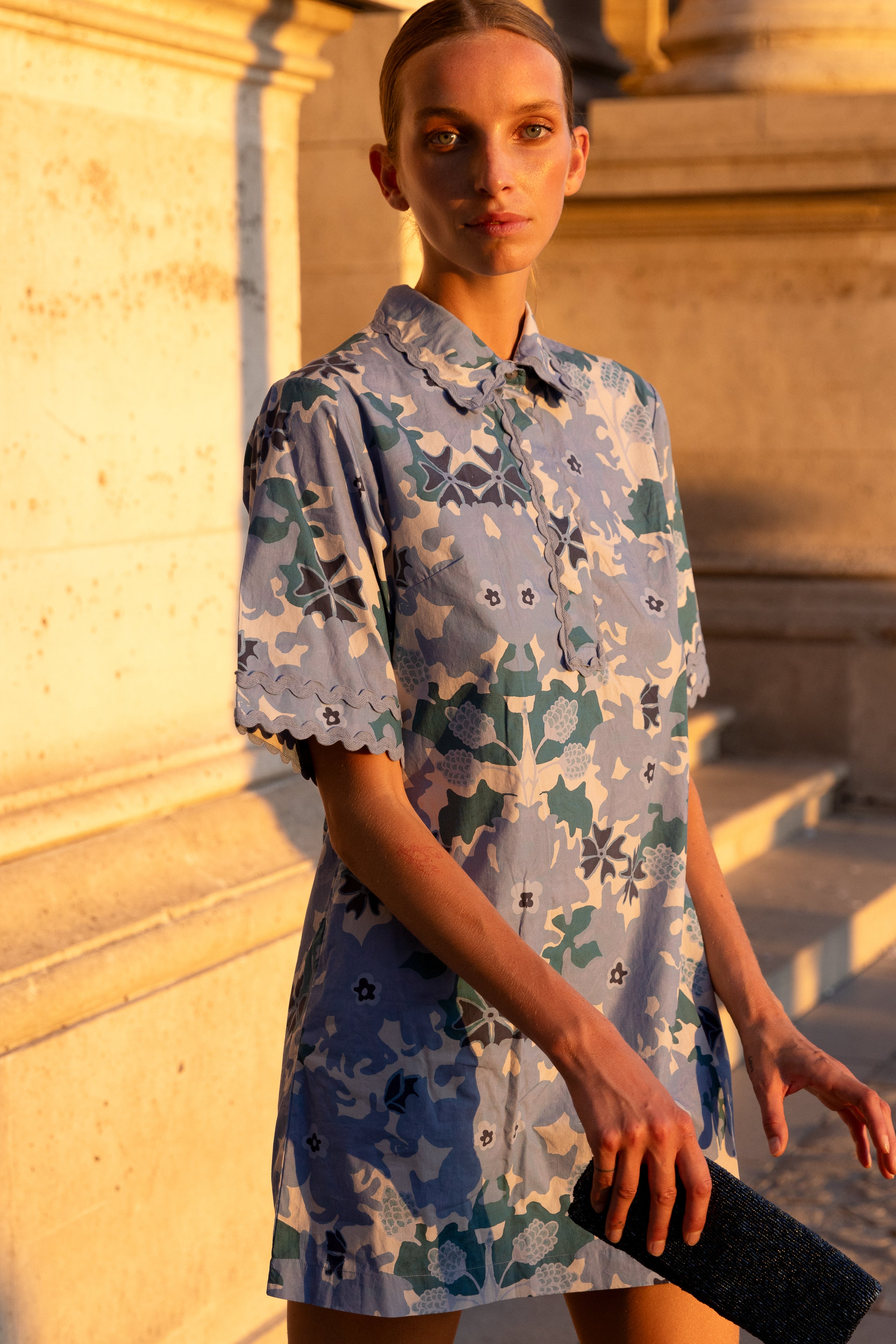 Collared Shirt Dress Mini- Suzani Blue