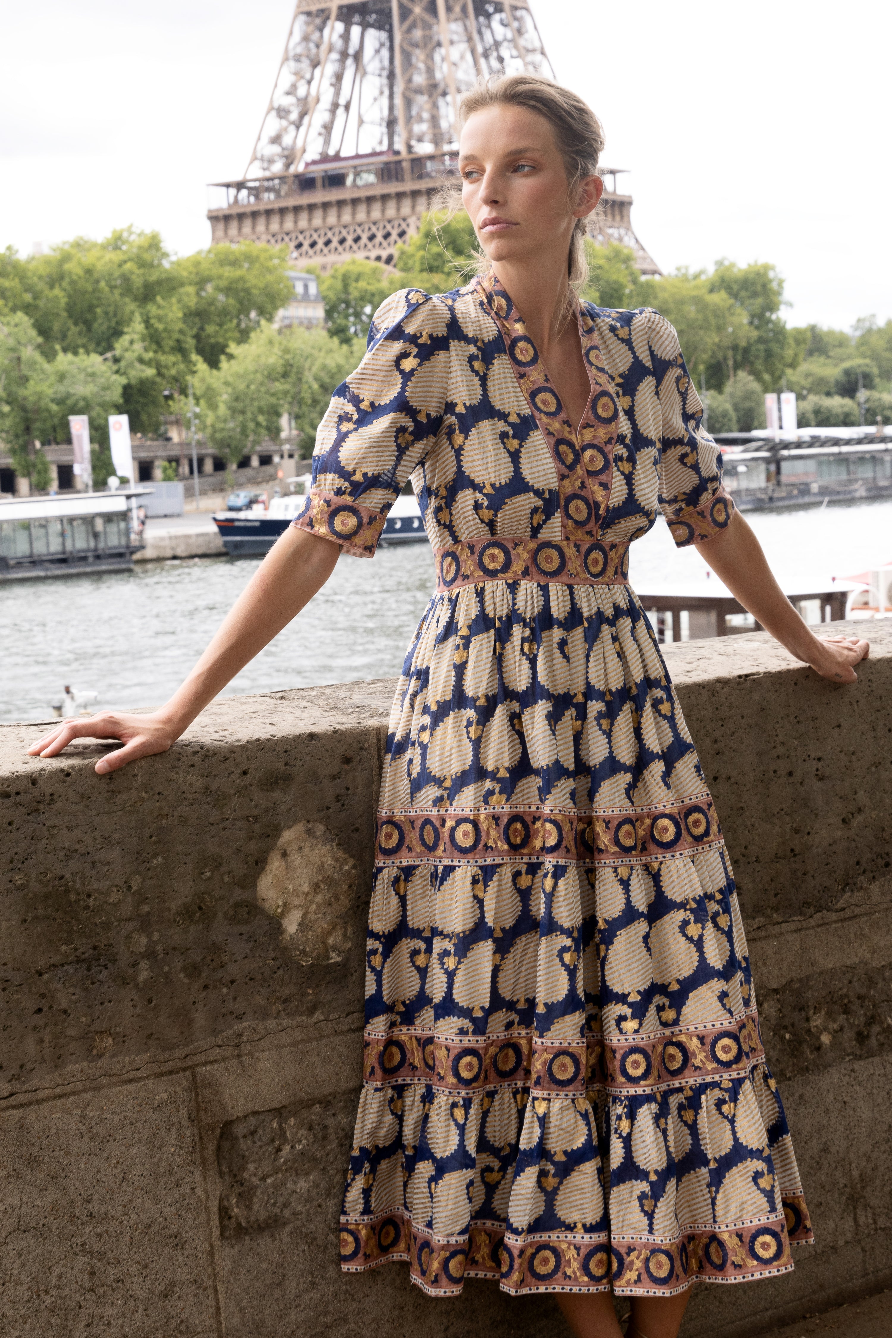 V-Neck Cuffed Maxi- Agra Navy