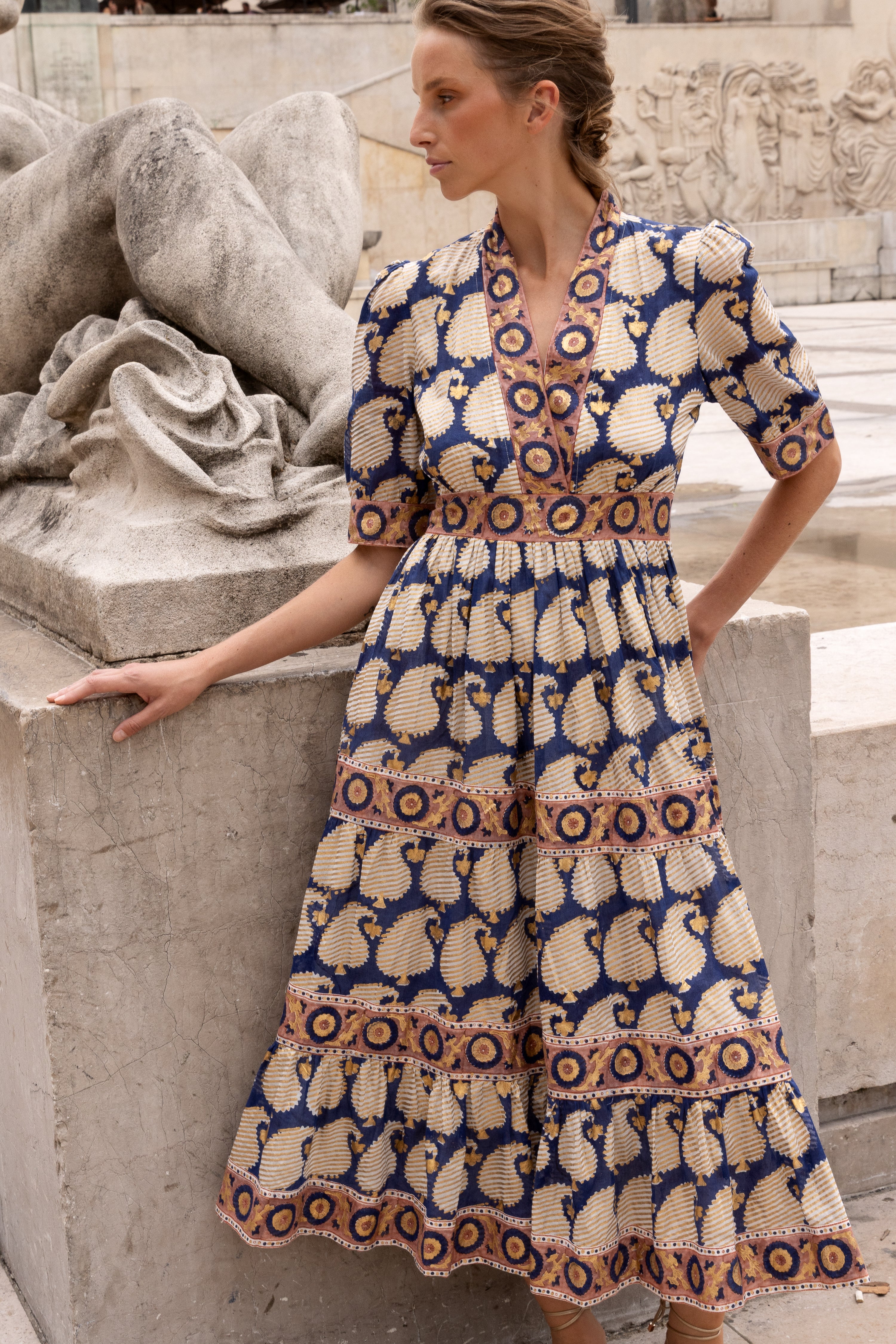 V-Neck Cuffed Maxi- Agra Navy