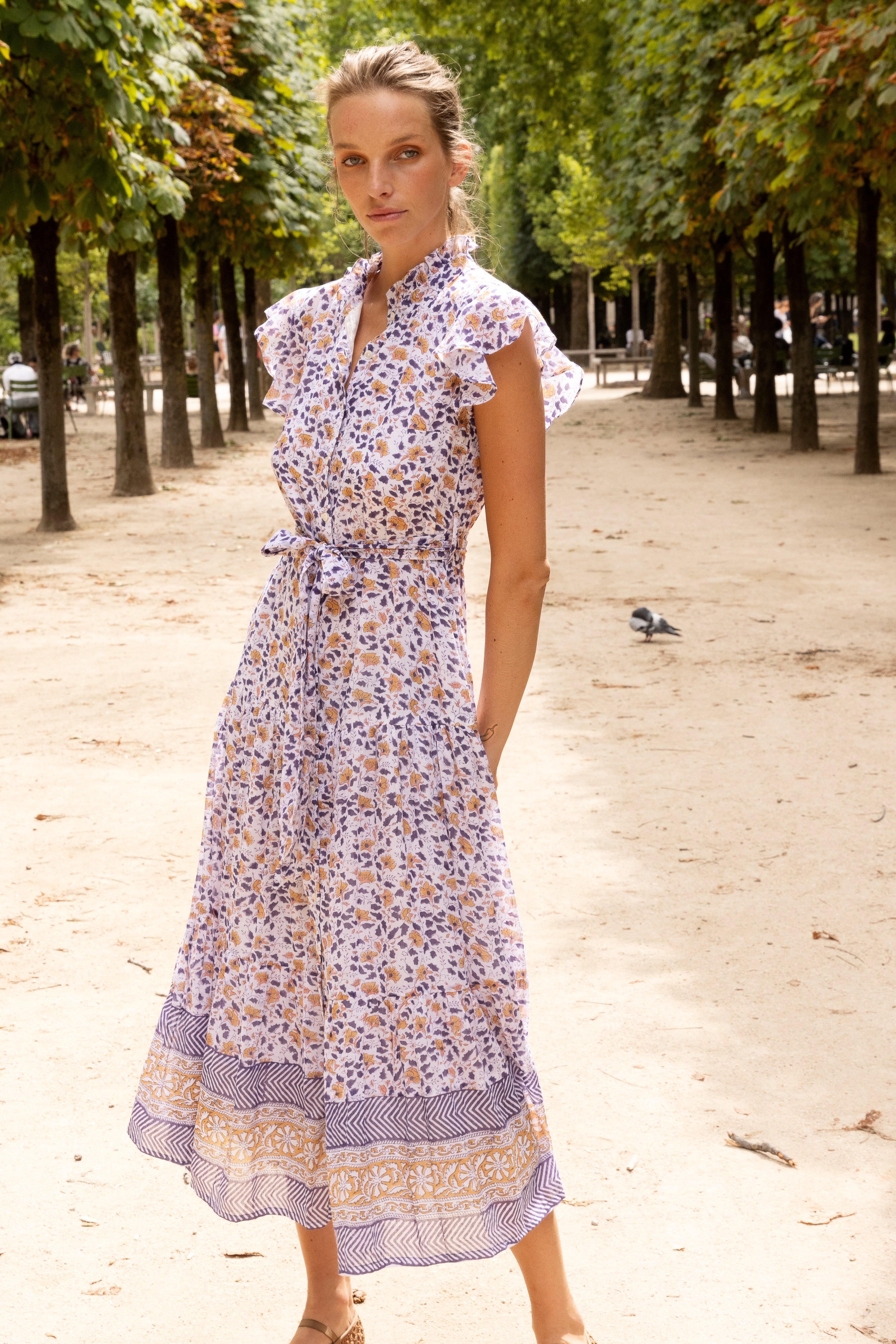 Ruffle Collar Button Maxi- Cotswold Navy