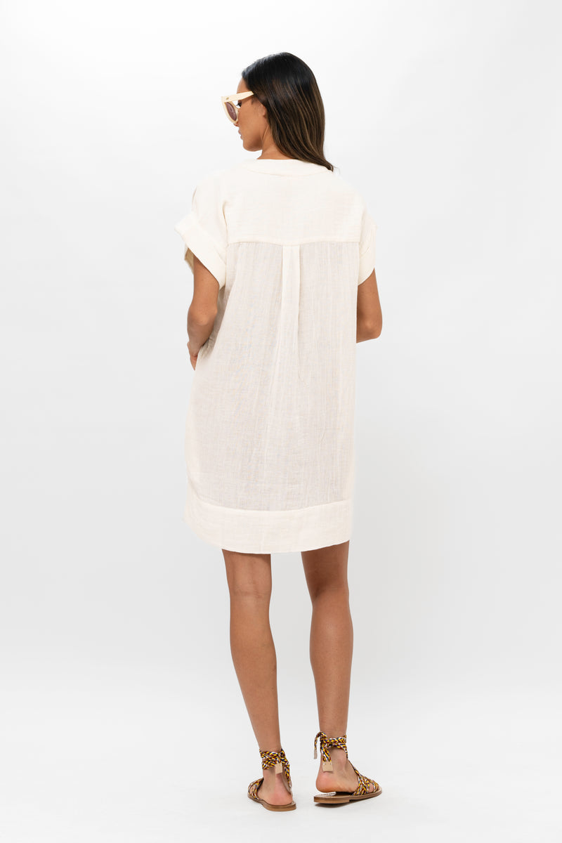 V-Neck Roll Sleeve Mini- Bahama White