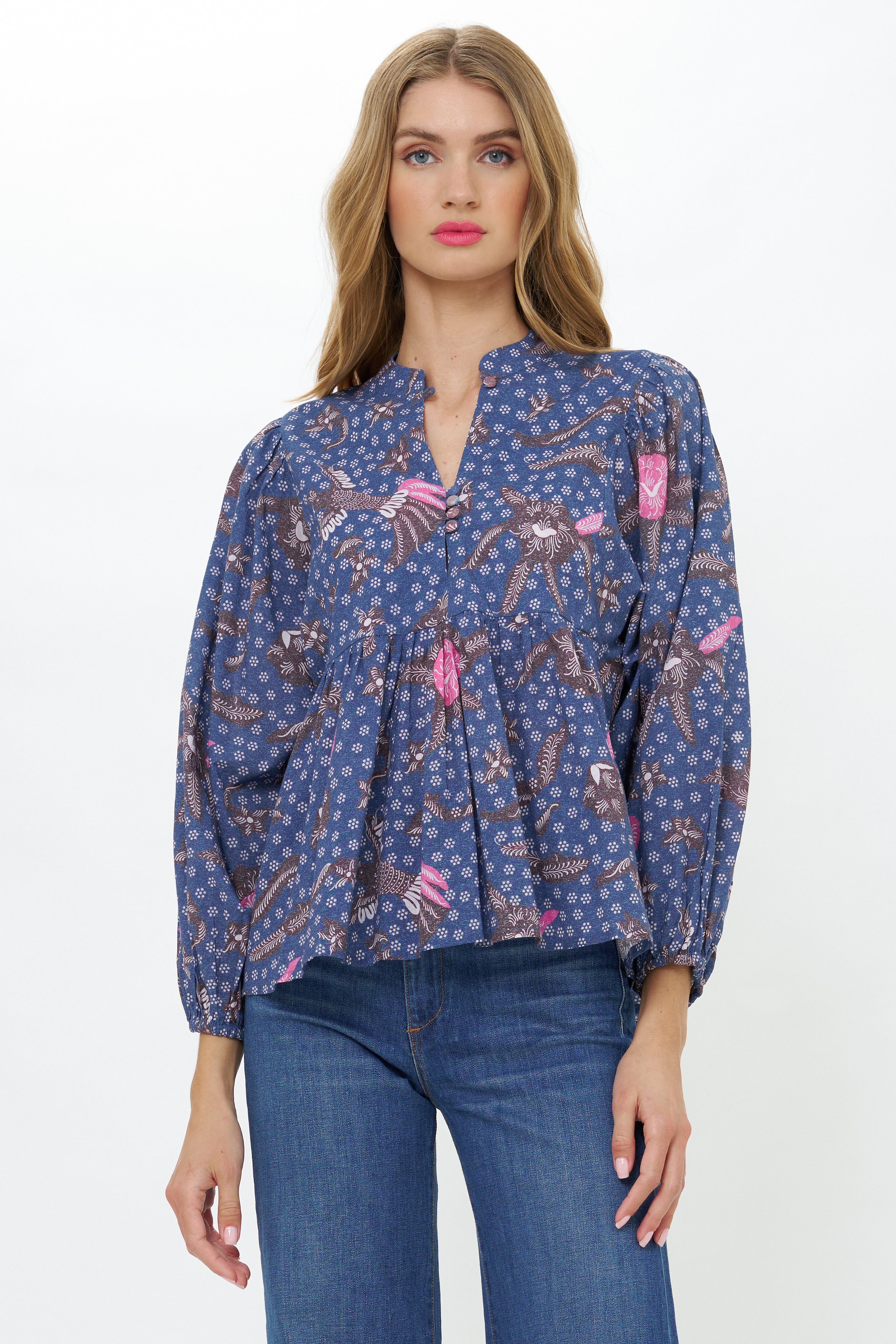 Mandarin Balloon Top- Bali Navy