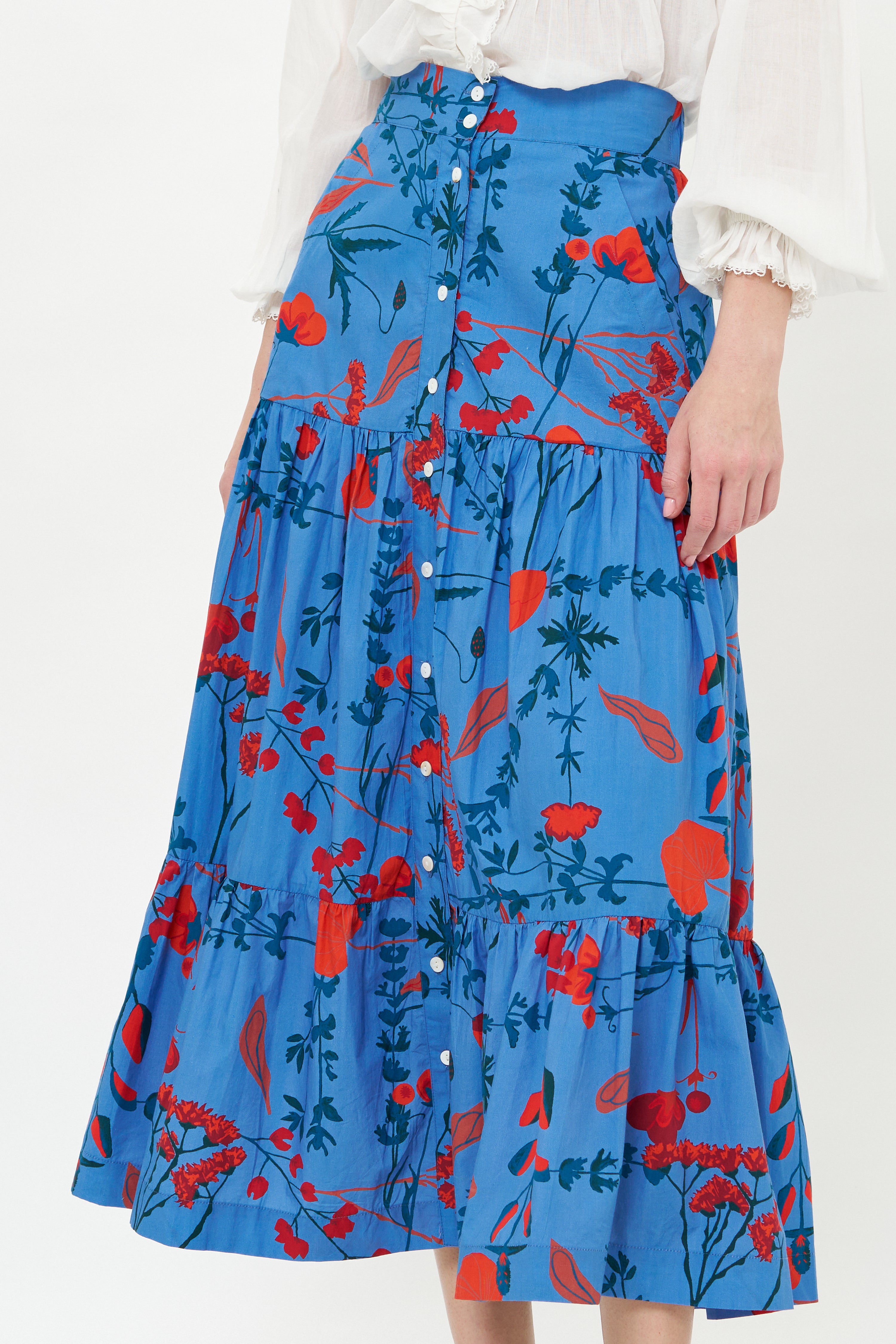Button Front Skirt- Bartram Blue