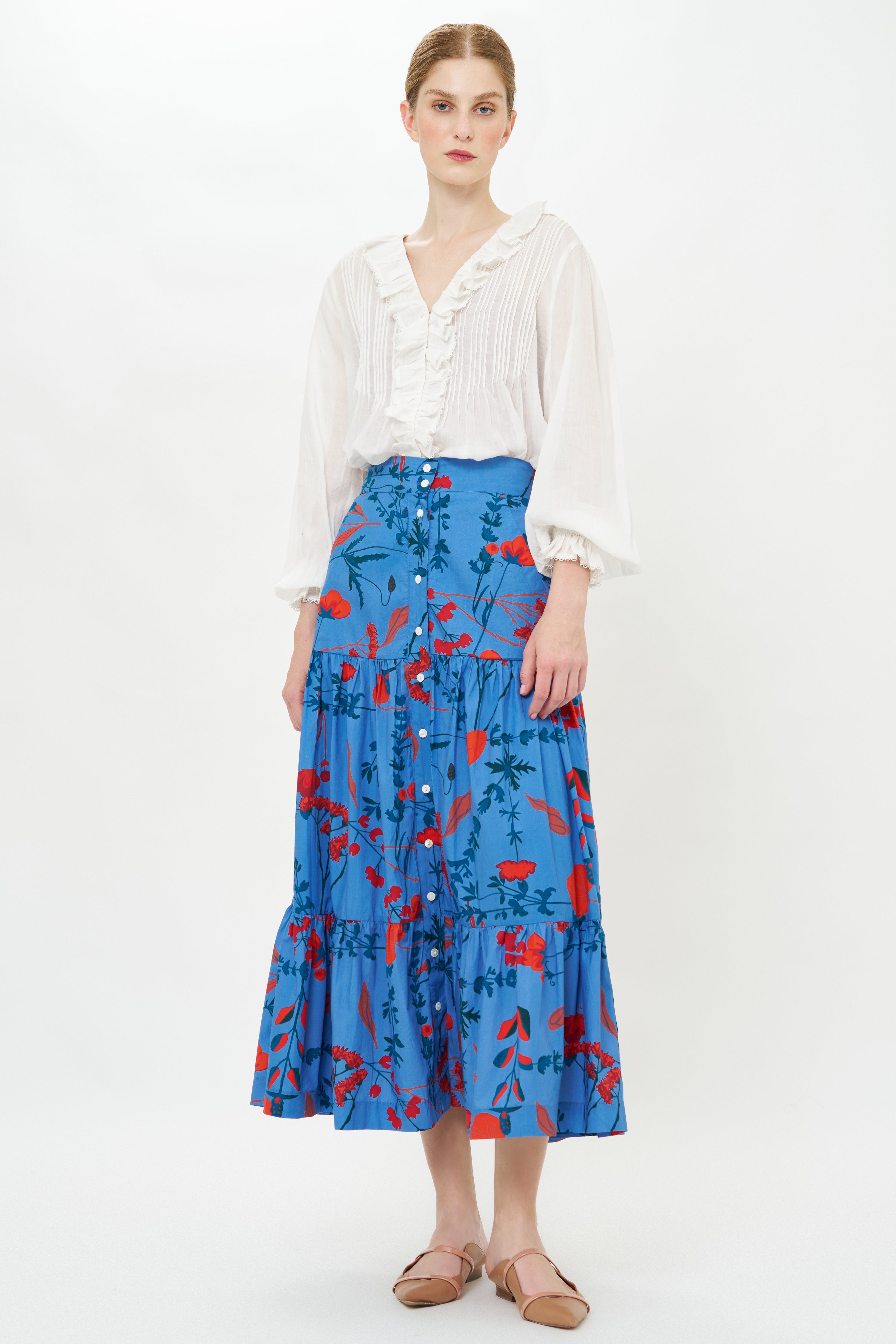 Button Front Skirt- Bartram Blue