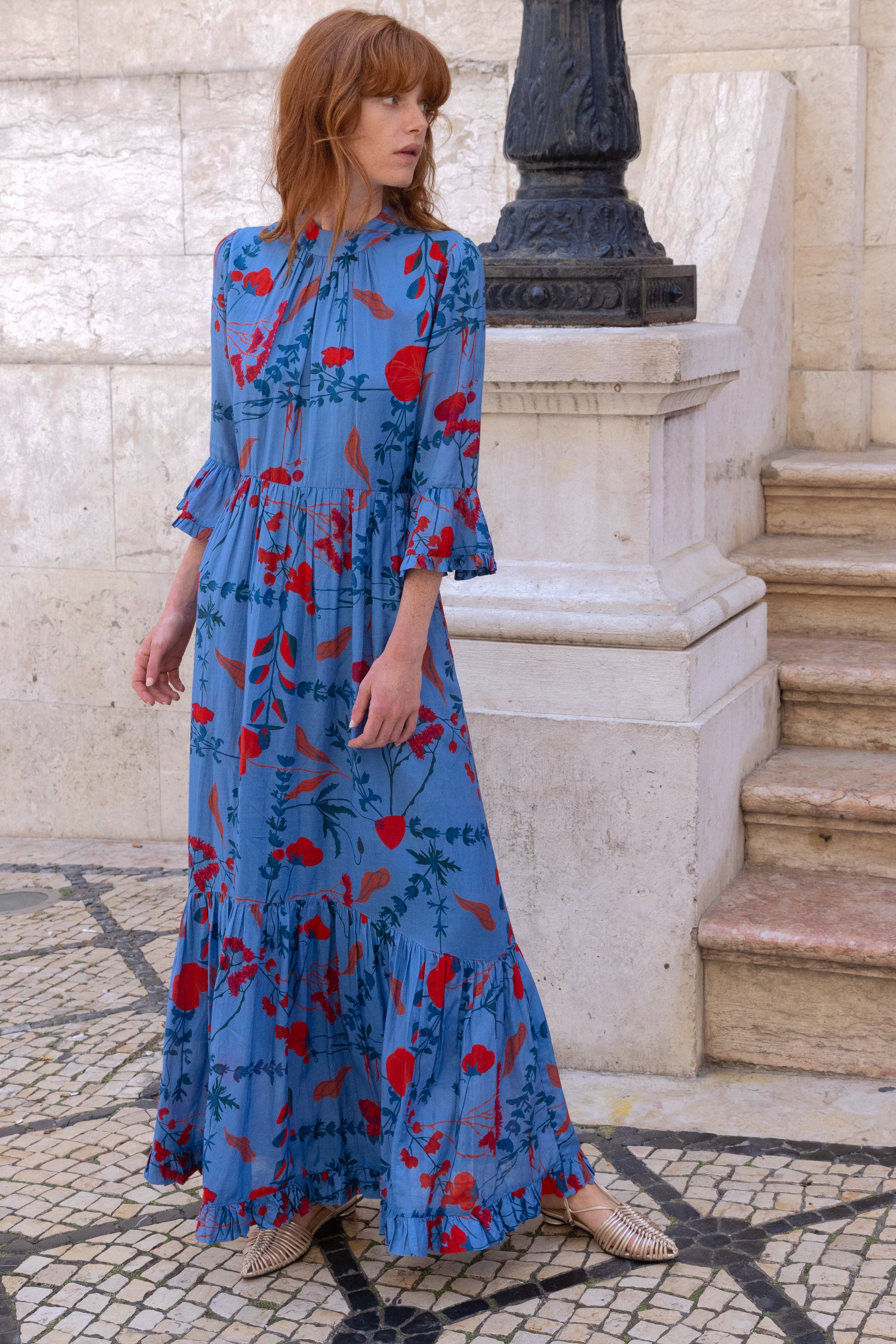 High Neck Bell Maxi- Bartram Blue
